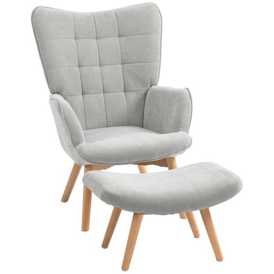 Sans Marque - Fauteuil avec repose pied, dossier haut, pieds en bois et tissu aspect velours côtelé, pour salon chambre à coucher gris - Image 2