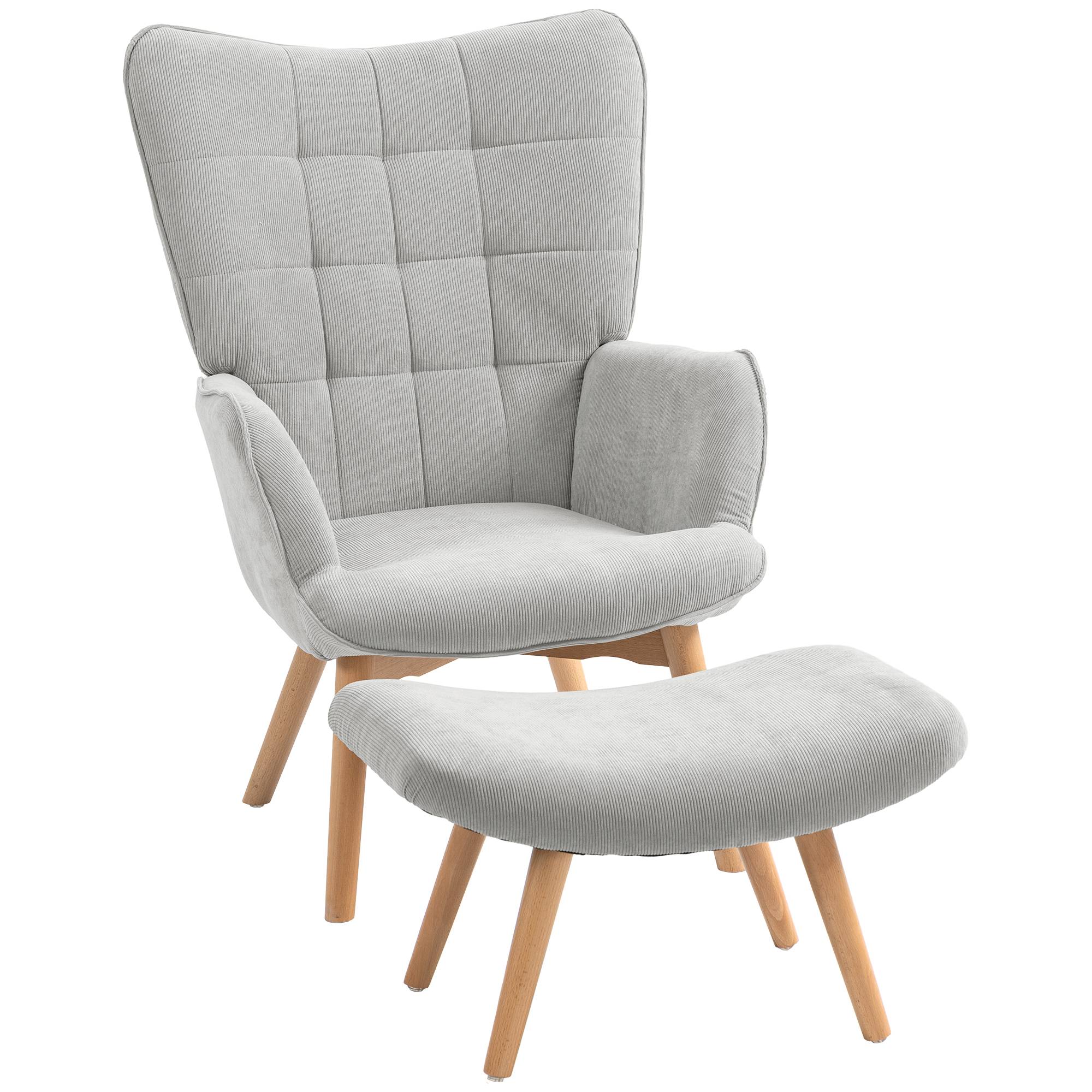 Sans Marque - Fauteuil avec repose pied, dossier haut, pieds en bois et tissu aspect velours côtelé, pour salon chambre à coucher gris - Image 2