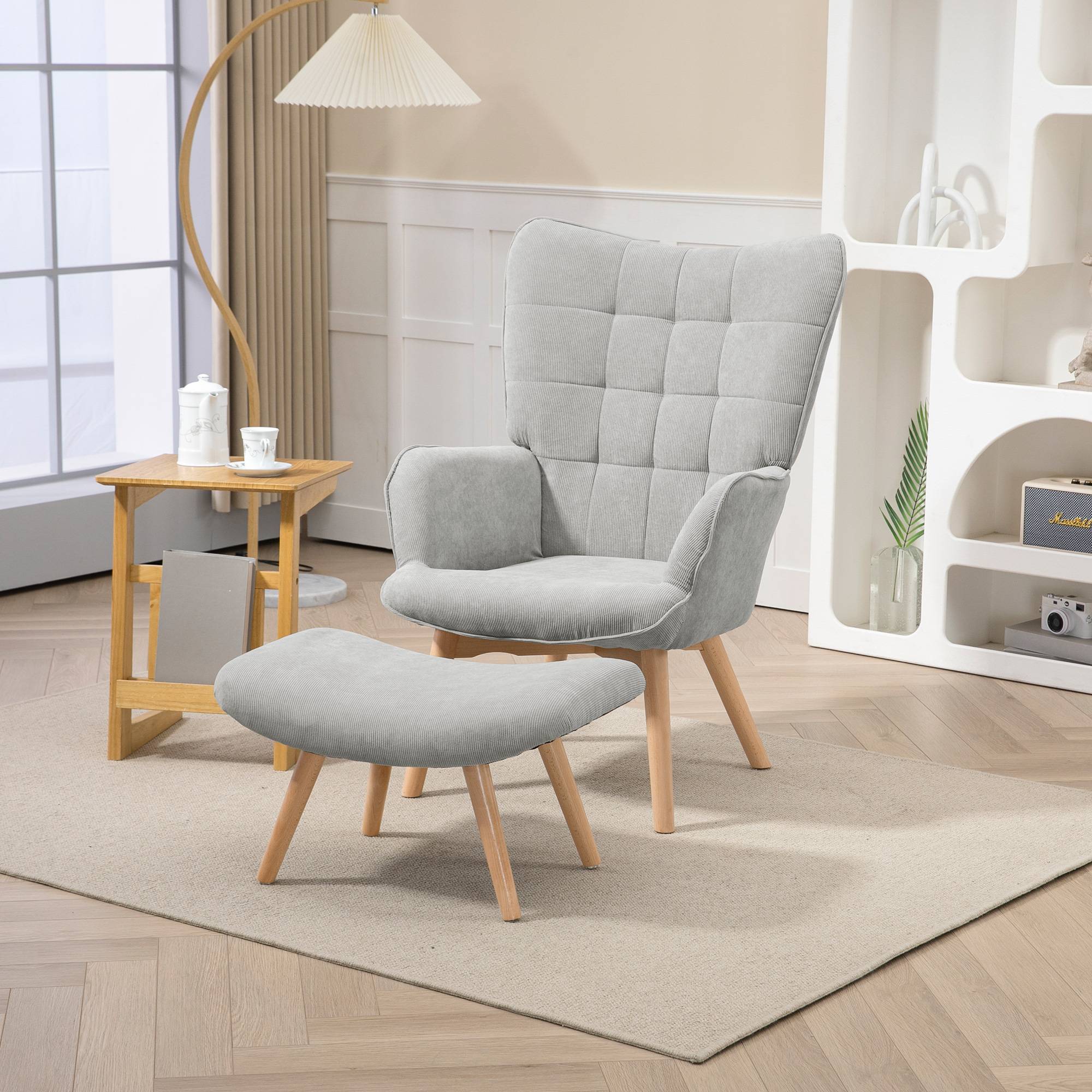 Sans Marque - Fauteuil avec repose pied, dossier haut, pieds en bois et tissu aspect velours côtelé, pour salon chambre à coucher gris - Image 4