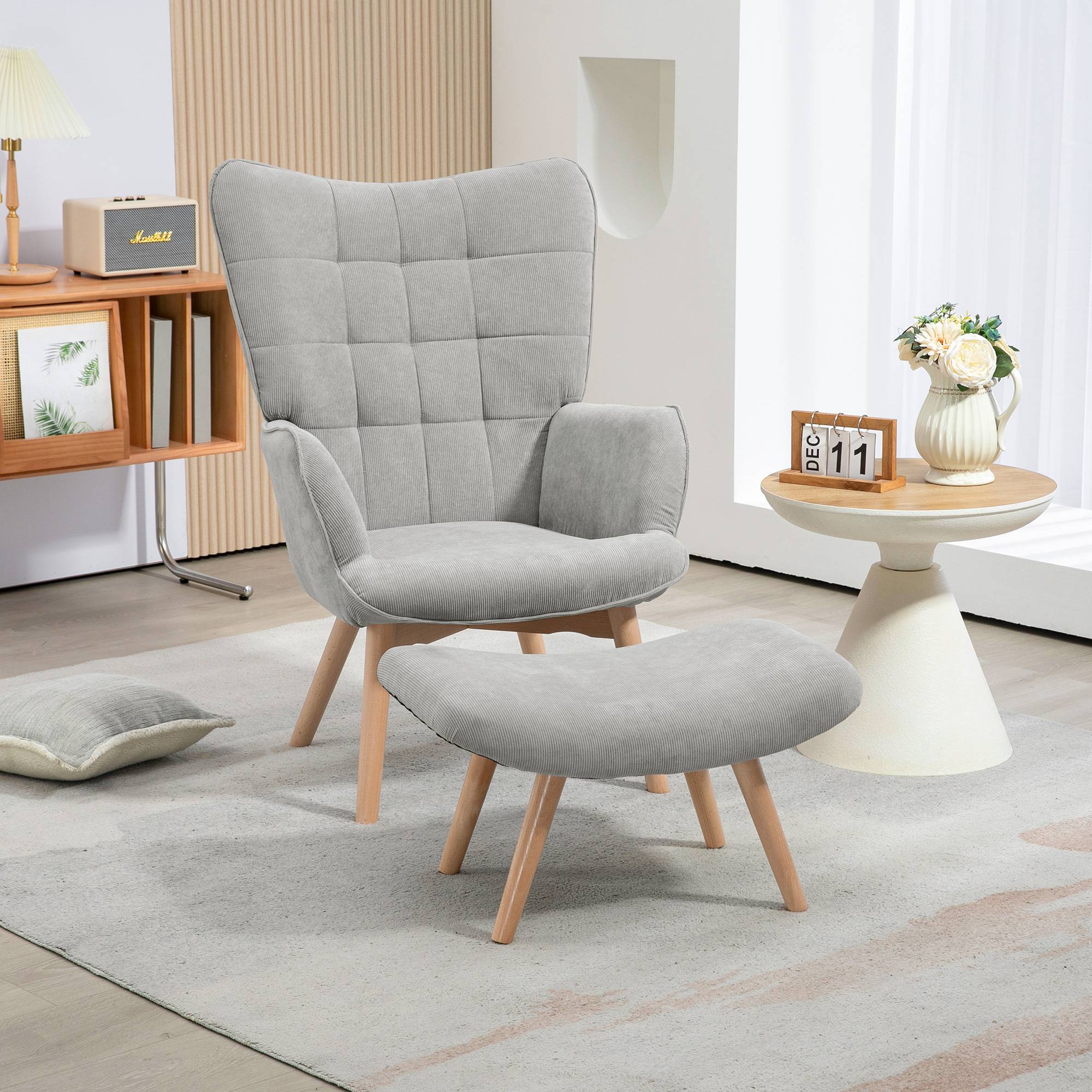 Sans Marque - Fauteuil avec repose pied, dossier haut, pieds en bois et tissu aspect velours côtelé, pour salon chambre à coucher gris - Image 3