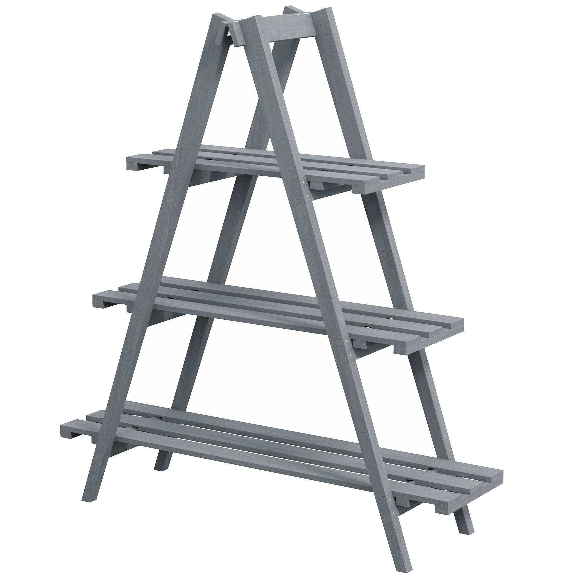 support plantes 3 niveaux lattes bois sapin 100x36x112 étagère fleurs jardin gris - Image 2