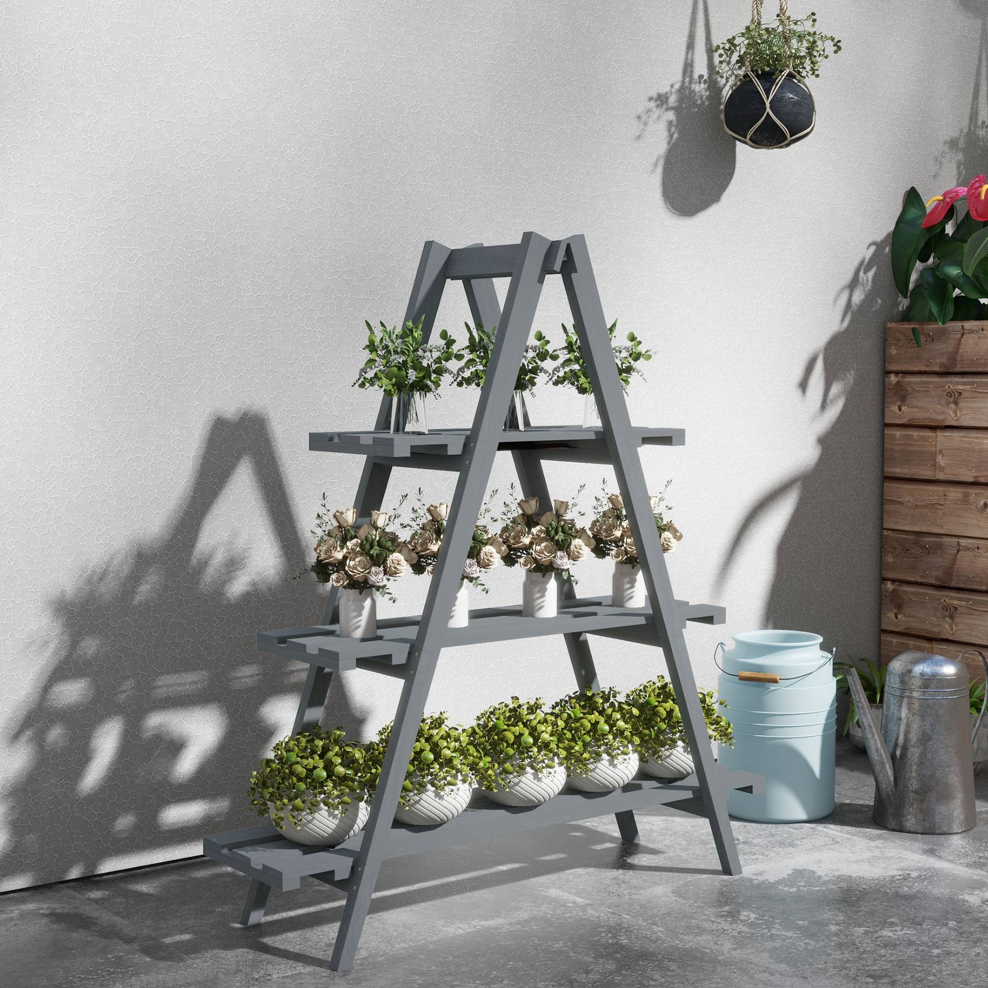 support plantes 3 niveaux lattes bois sapin 100x36x112 étagère fleurs jardin gris - Image 3