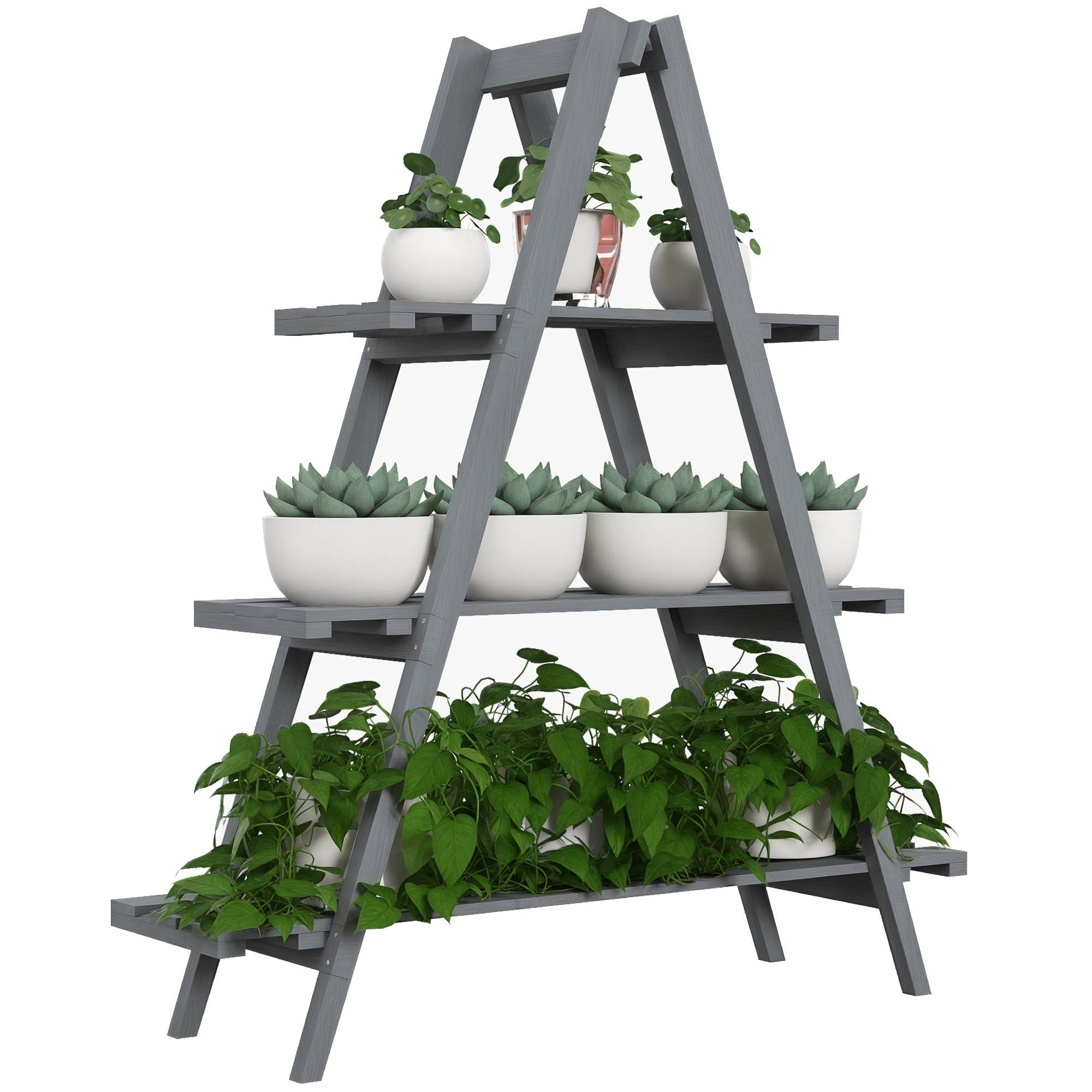 support plantes 3 niveaux lattes bois sapin 100x36x112 étagère fleurs jardin gris - Image 1