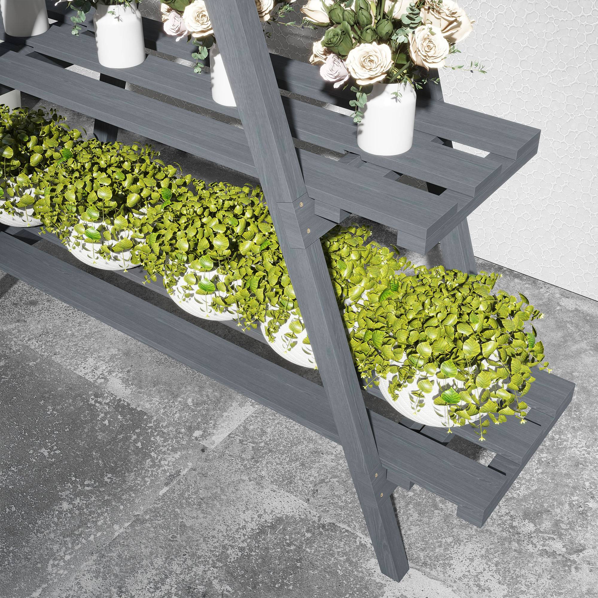 support plantes 3 niveaux lattes bois sapin 100x36x112 étagère fleurs jardin gris - Image 9