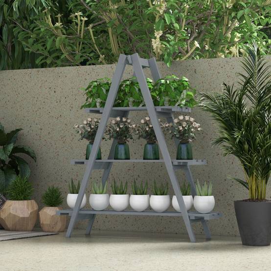 support plantes 3 niveaux lattes bois sapin 100x36x112 étagère fleurs jardin gris - Image 4