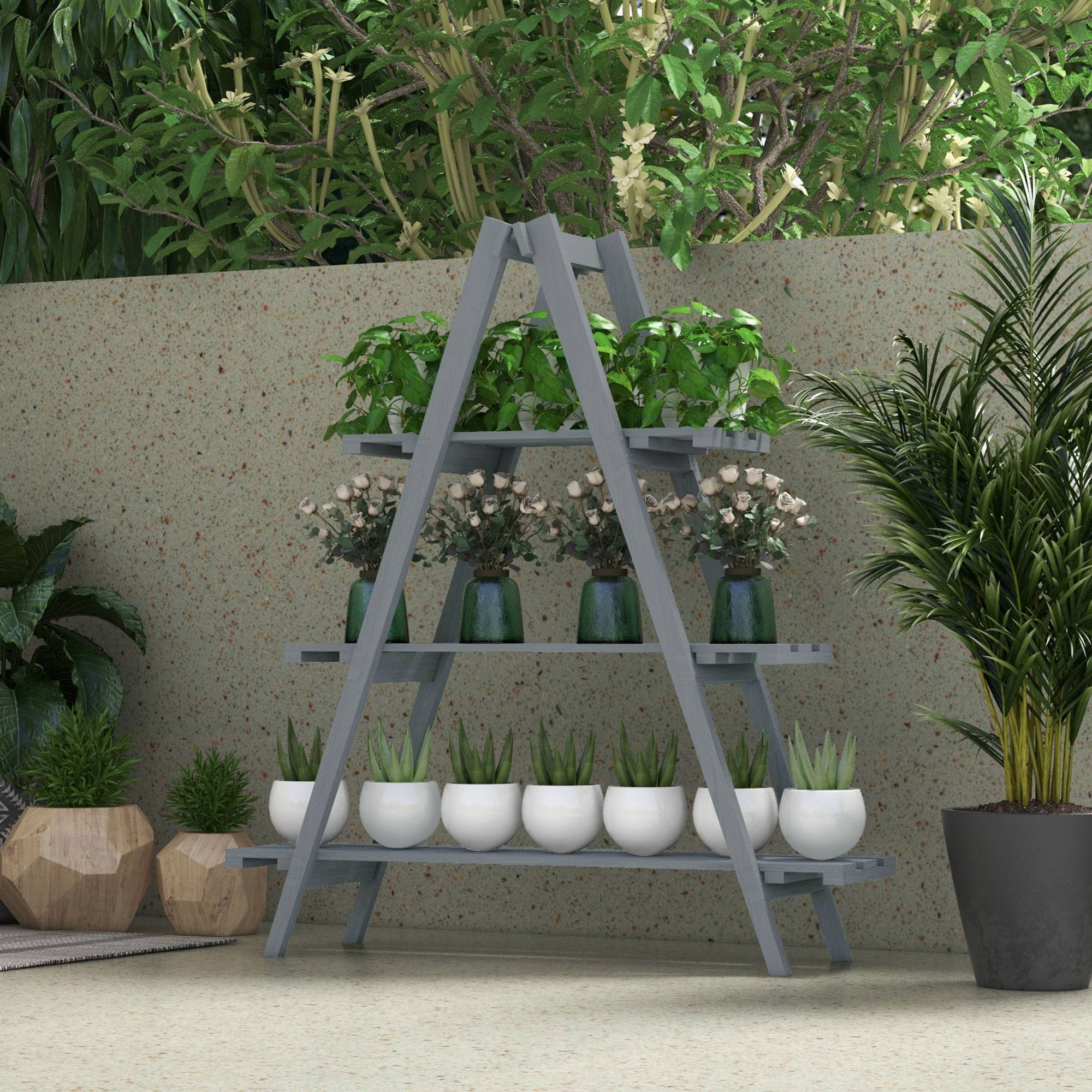 support plantes 3 niveaux lattes bois sapin 100x36x112 étagère fleurs jardin gris - Image 4