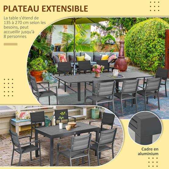 Salon de jardin aluminium et textilène gris 270 x 90 x 75 cm - PANGIVO - Image 7