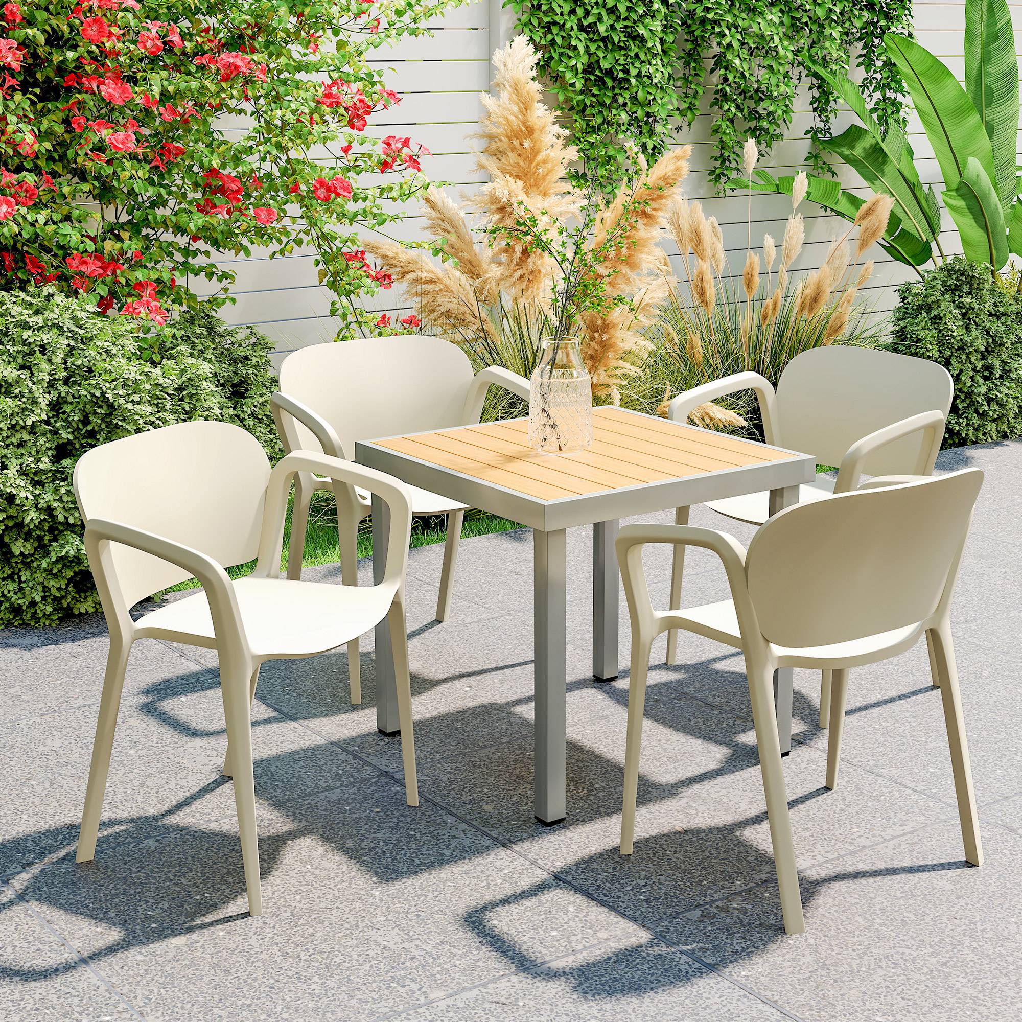 Lot de 4 chaises de jardin en plastique empilables, accoudoirs et dossier, capacité 120 kg, résistantes aux intempéries - Image 2