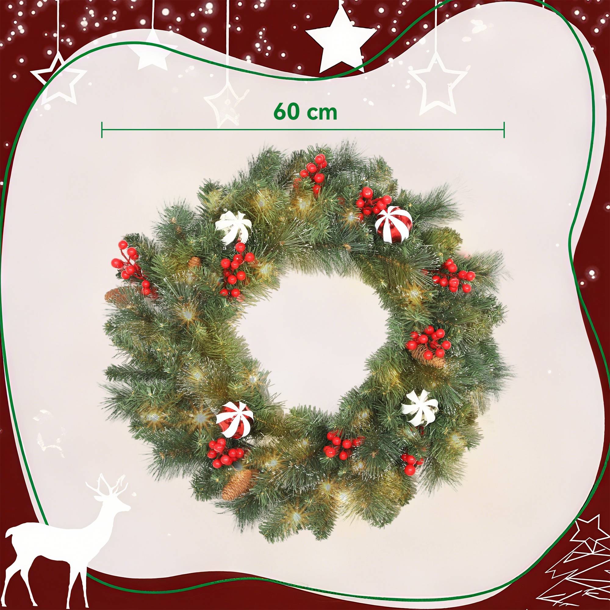 ComfortXL - Couronne de Noël lumineuse à feuillage vert en plastique Ø 60 cm pour porte avec 50 LED et minuterie - Image 3