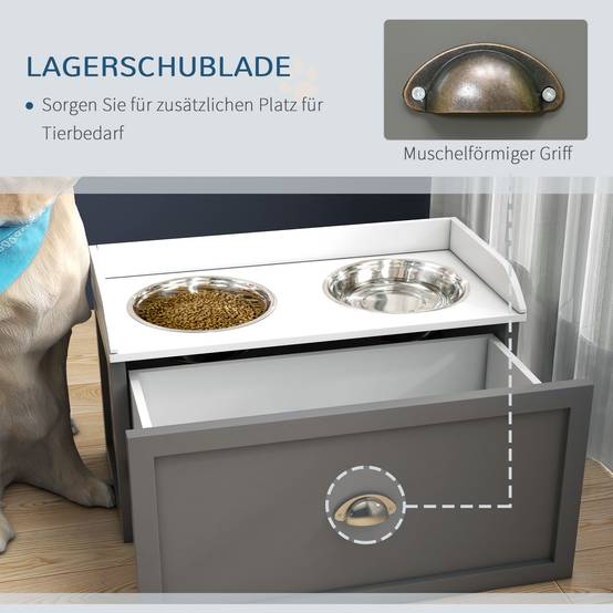 ComfortXL - Station repas chien surélevée MDF gris 60 x 30 x 36 cm 2 gamelles inox tiroir 21 L pour grands chiens - Image 5