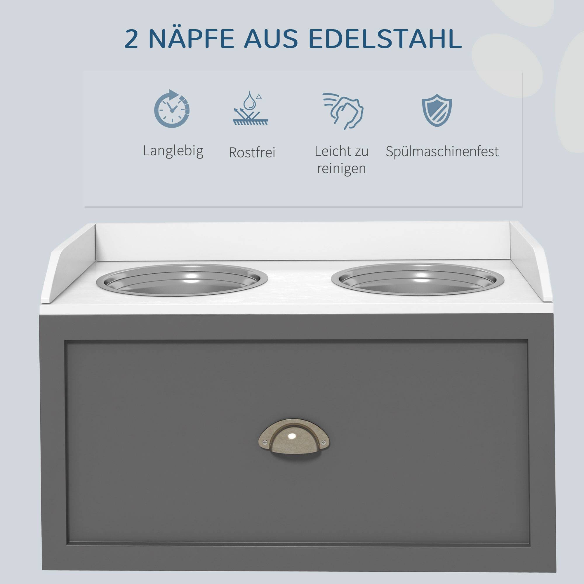 ComfortXL - Station repas chien surélevée MDF gris 60 x 30 x 36 cm 2 gamelles inox tiroir 21 L pour grands chiens - Image 6