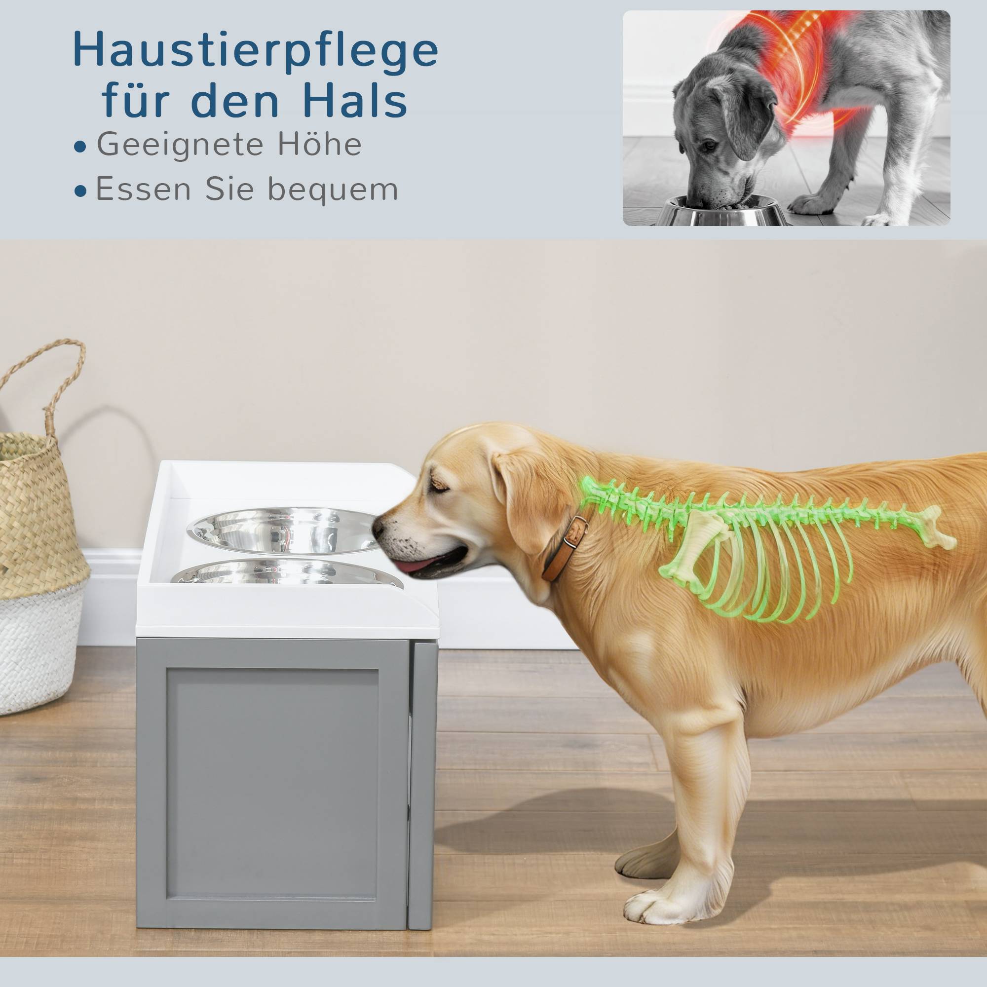ComfortXL - Station repas chien surélevée MDF gris 60 x 30 x 36 cm 2 gamelles inox tiroir 21 L pour grands chiens - Image 4