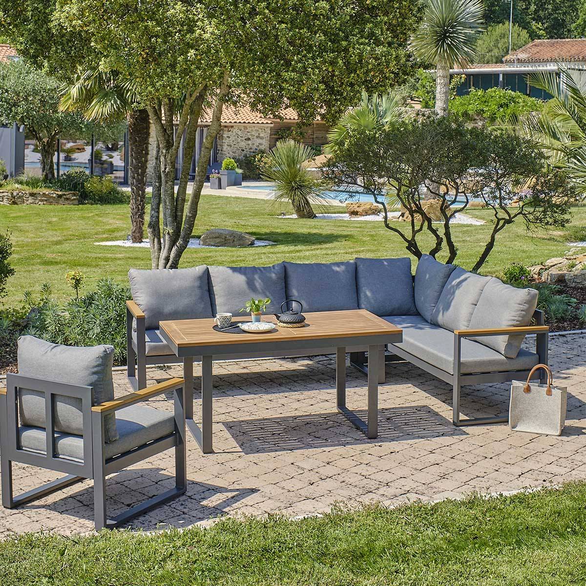 Dcb Garden - Ensemble repas 6 places YONAHA alu anthracite plateau bois FSC – DCB Garden - Image 5