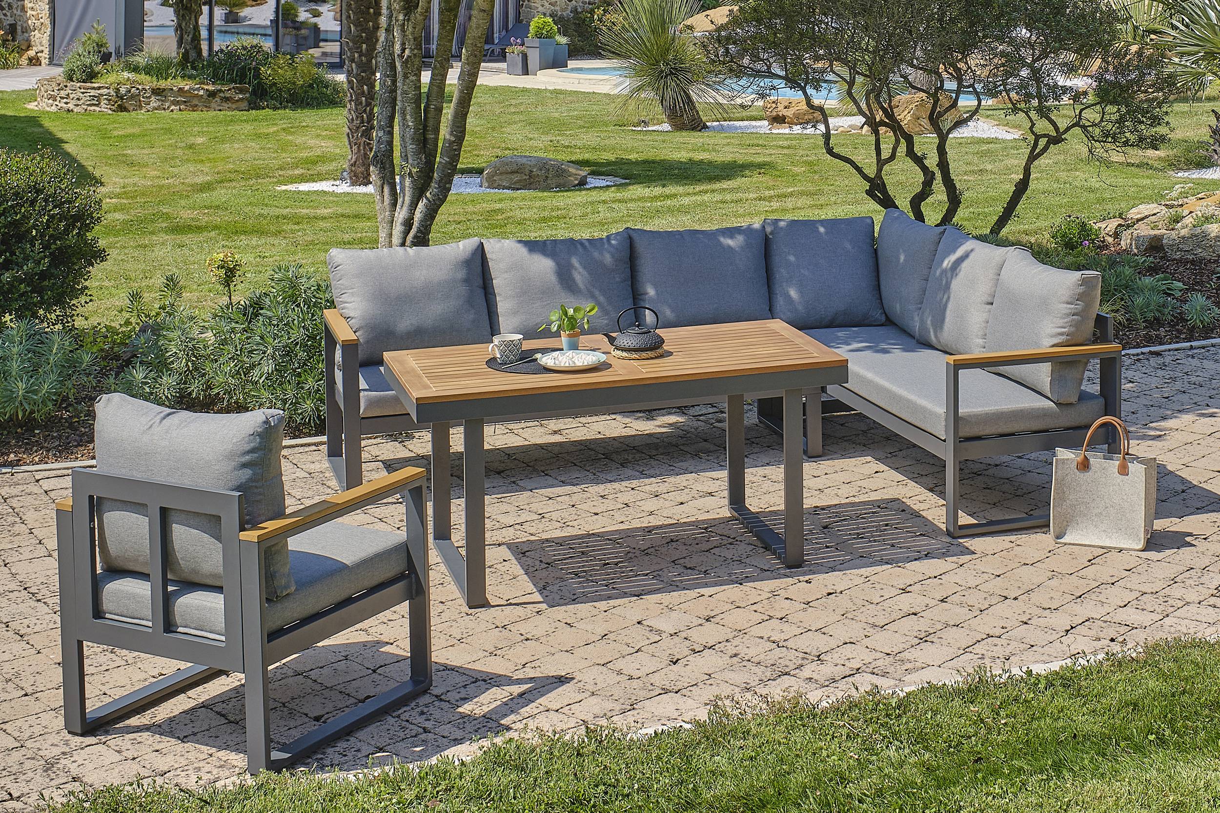 Dcb Garden - Ensemble repas 6 places YONAHA alu anthracite plateau bois FSC – DCB Garden - Image 1
