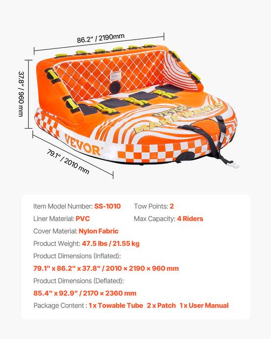 VEVOR Bouée tractée canapé aquatique, 1-4 personnes. Capacité 308kg, housse nylon, poignées maintien. - Image 7