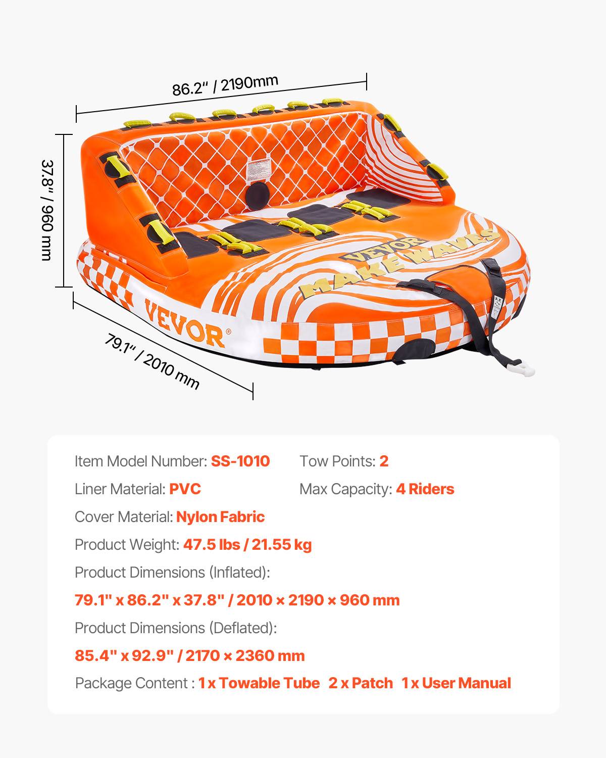 VEVOR Bouée tractée canapé aquatique, 1-4 personnes. Capacité 308kg, housse nylon, poignées maintien. - Image 7