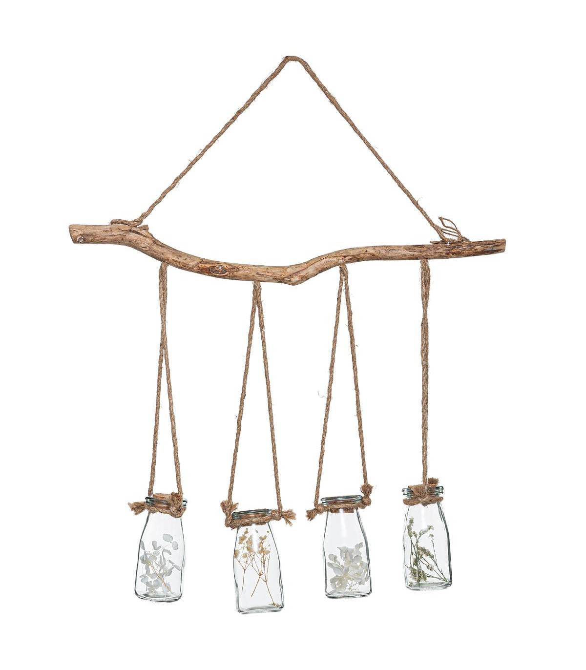 Suspension en Bois et Corde 4 Fleurs Séchées dans 4 Vases en Verre - Image 1
