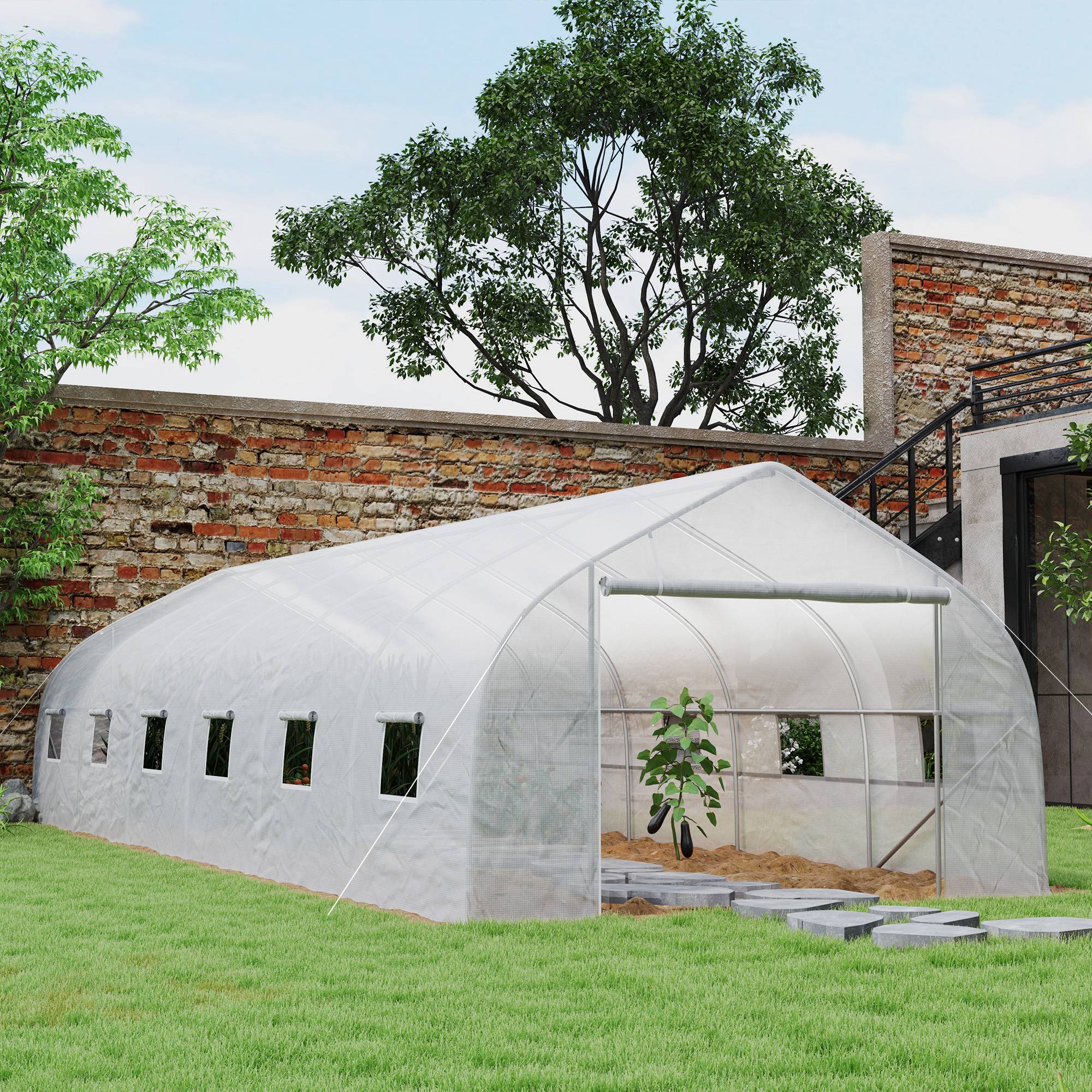 ComfortXL - Grande serre tunnel de jardin 24 m² en PE blanc et acier galvanisé 800 x 300 x 200 cm avec 12 fenêtres de ventilation - Image 1