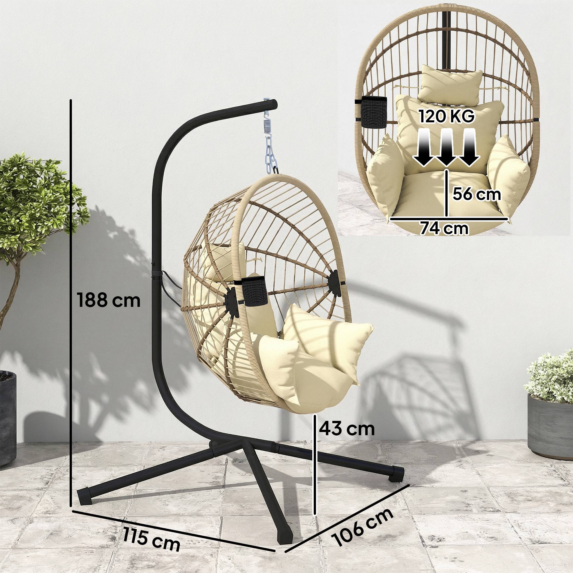Fauteuil œuf suspendu acier véranda jardin panier pliable coussin 115x106x188cm kaki - ComfortXL Outdoor Living - Image 5