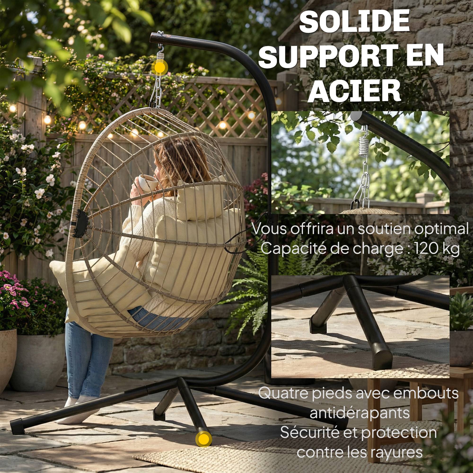Fauteuil œuf suspendu acier véranda jardin panier pliable coussin 115x106x188cm kaki - ComfortXL Outdoor Living - Image 6