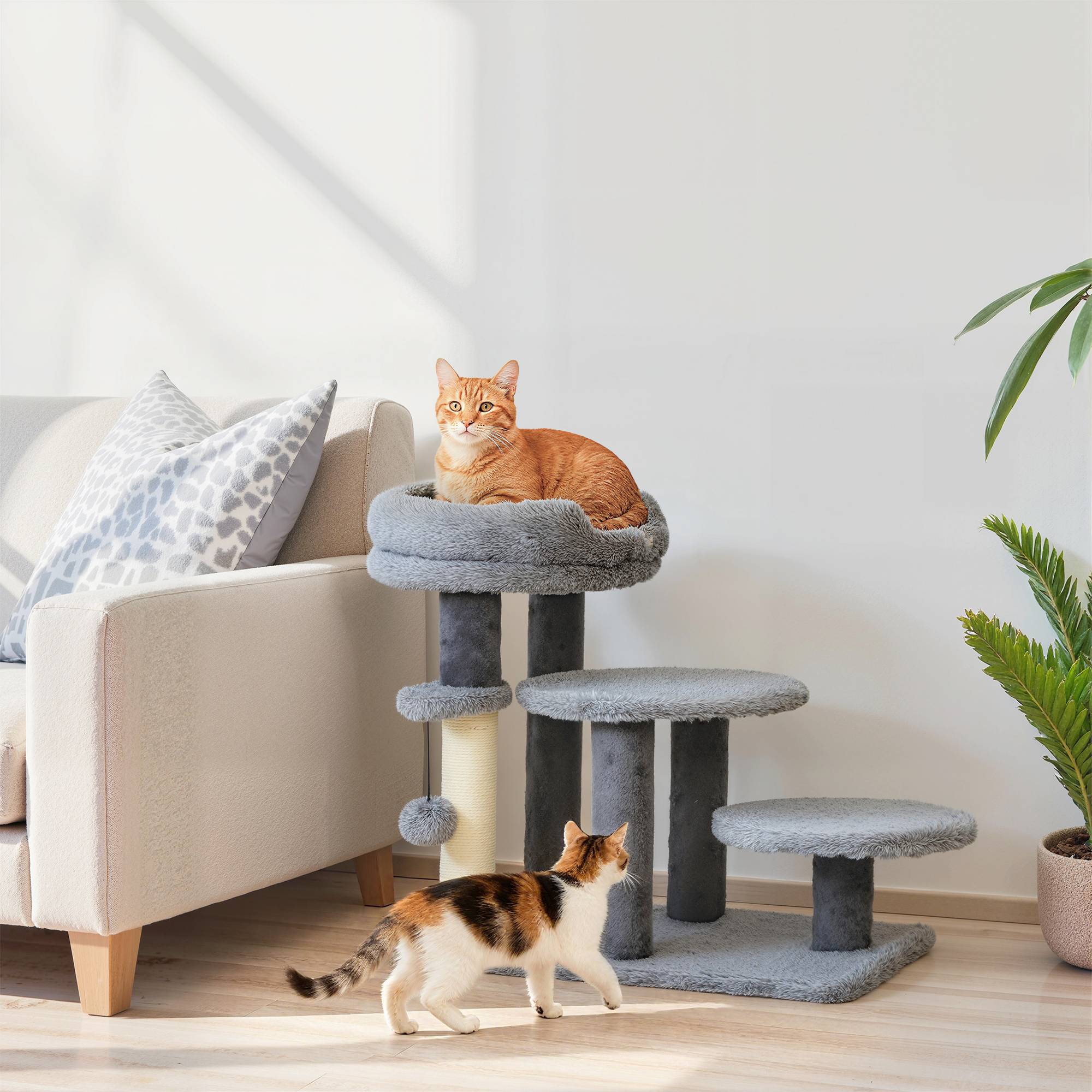 ComfortXL - Escalier pour chat 2 en 1 panneau de particules gris avec griffoir sisal lit amovible accès canapé sécurisé - Image 1