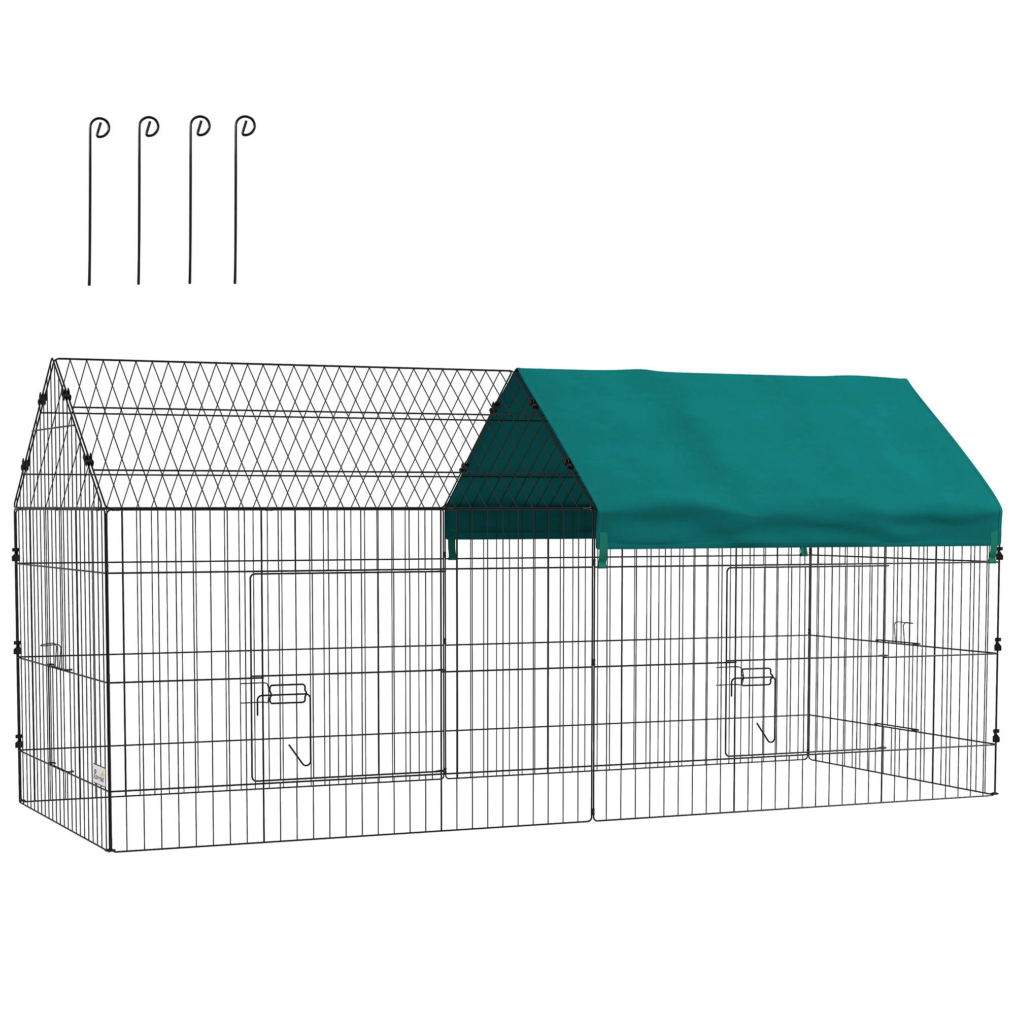 Cage lapin intérieur extérieur avec cabane et toit, 220x85x103cm, vert - Image 1
