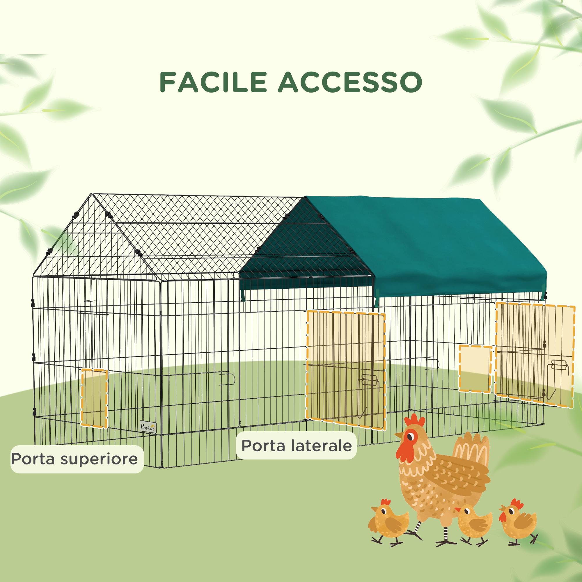 Cage lapin intérieur extérieur avec cabane et toit, 220x85x103cm, vert - Image 6