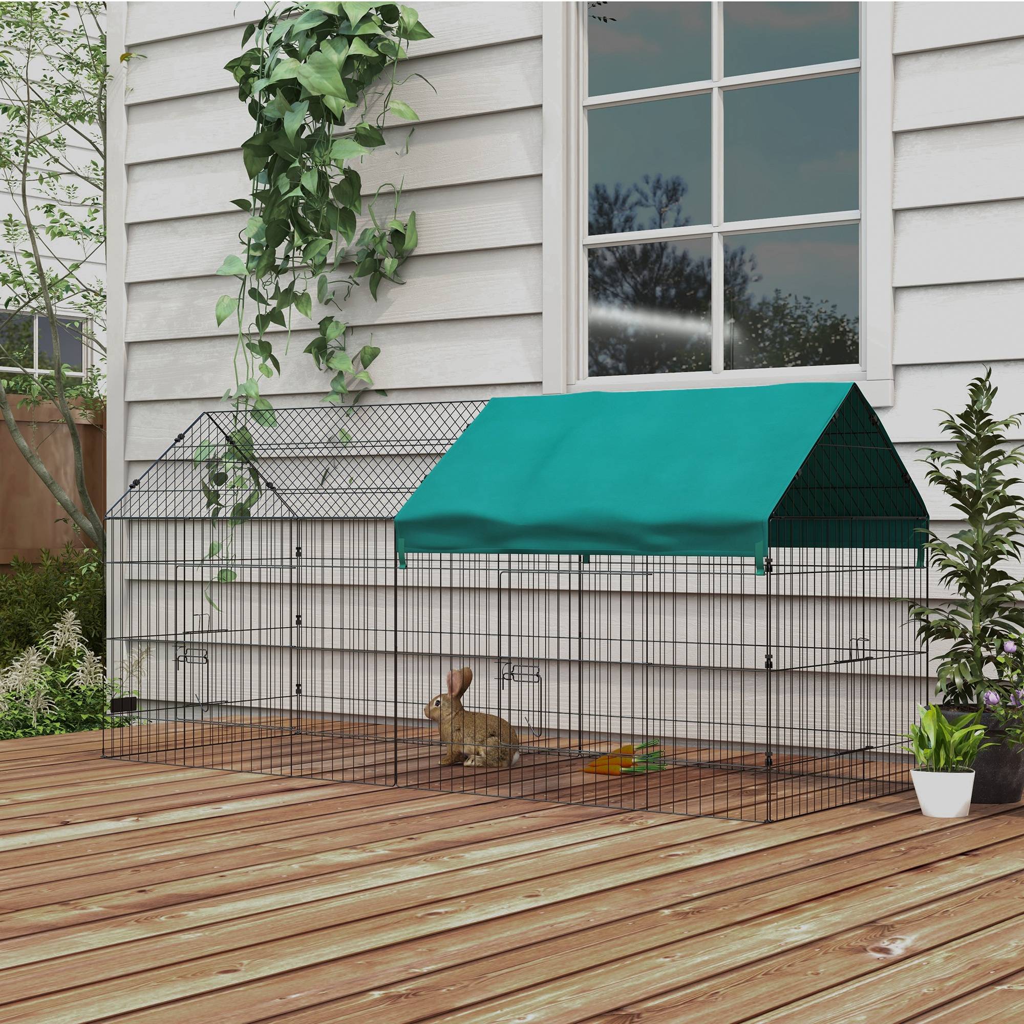 Cage lapin intérieur extérieur avec cabane et toit, 220x85x103cm, vert - Image 4