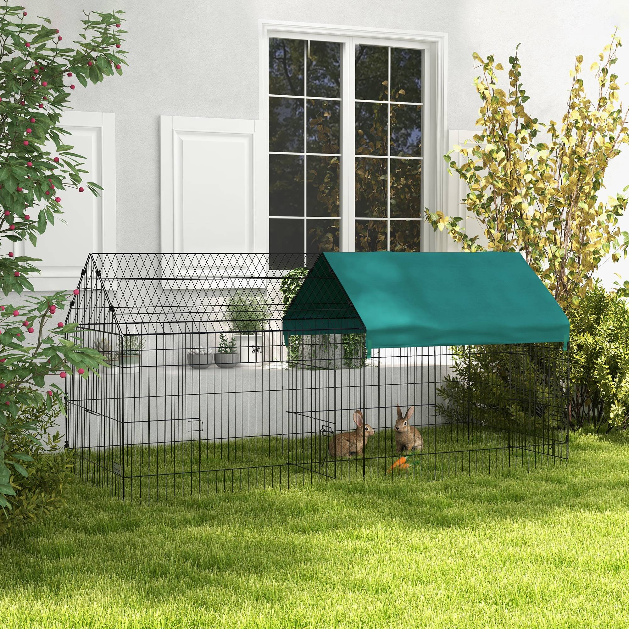 Cage lapin intérieur extérieur avec cabane et toit, 220x85x103cm, vert - Image 3