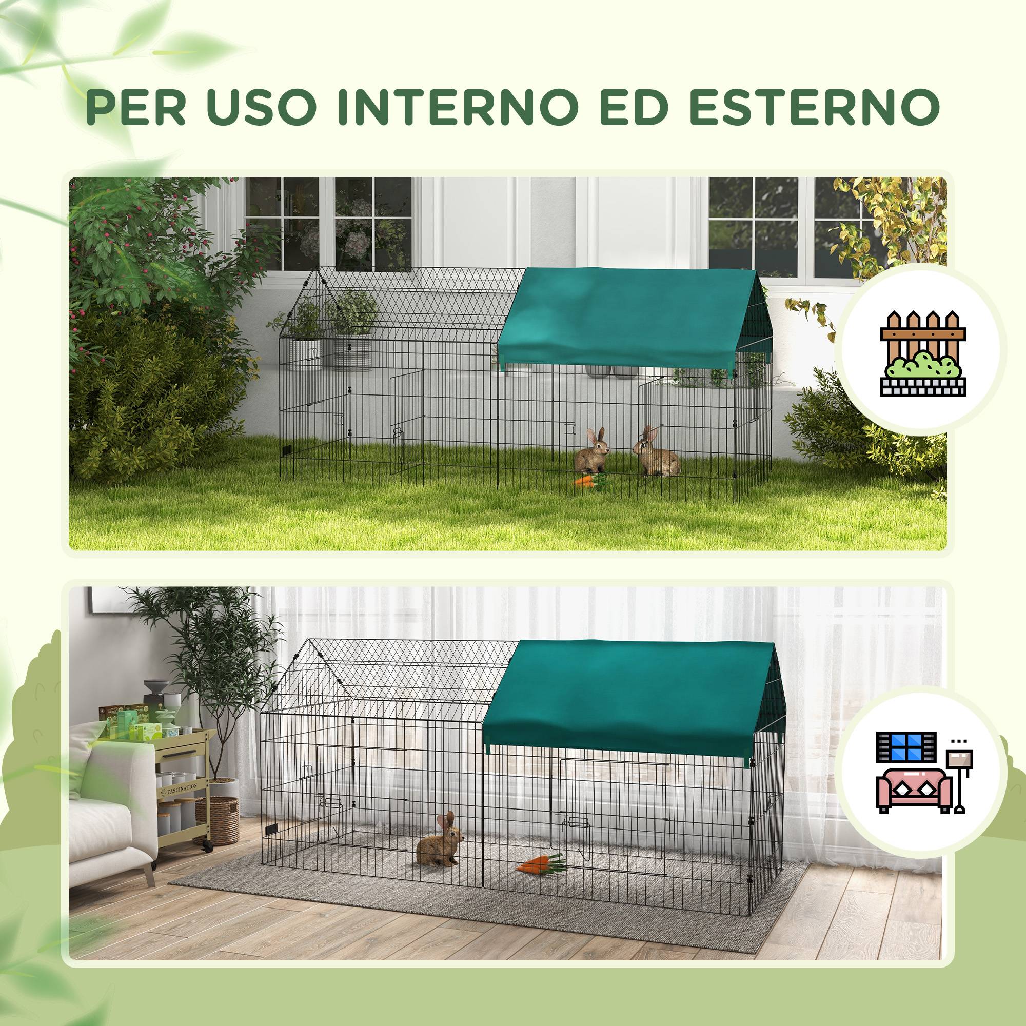 Cage lapin intérieur extérieur avec cabane et toit, 220x85x103cm, vert - Image 7
