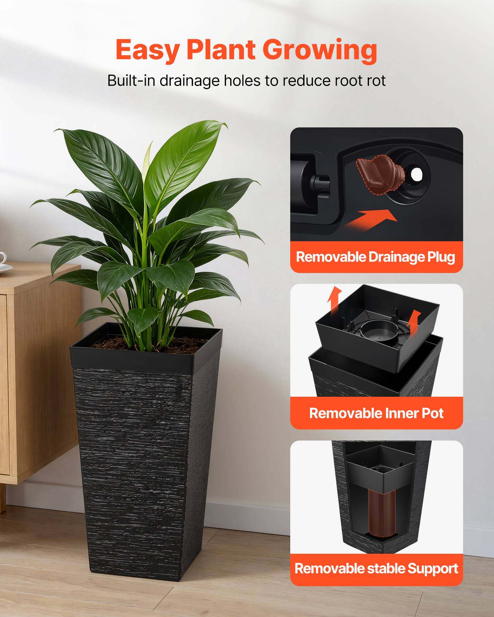 Vevor - VEVOR Jardinière Haute Pot de Fleur Haut Intérieur Extérieur 58 cm Lot de 2 Noir - Image 5