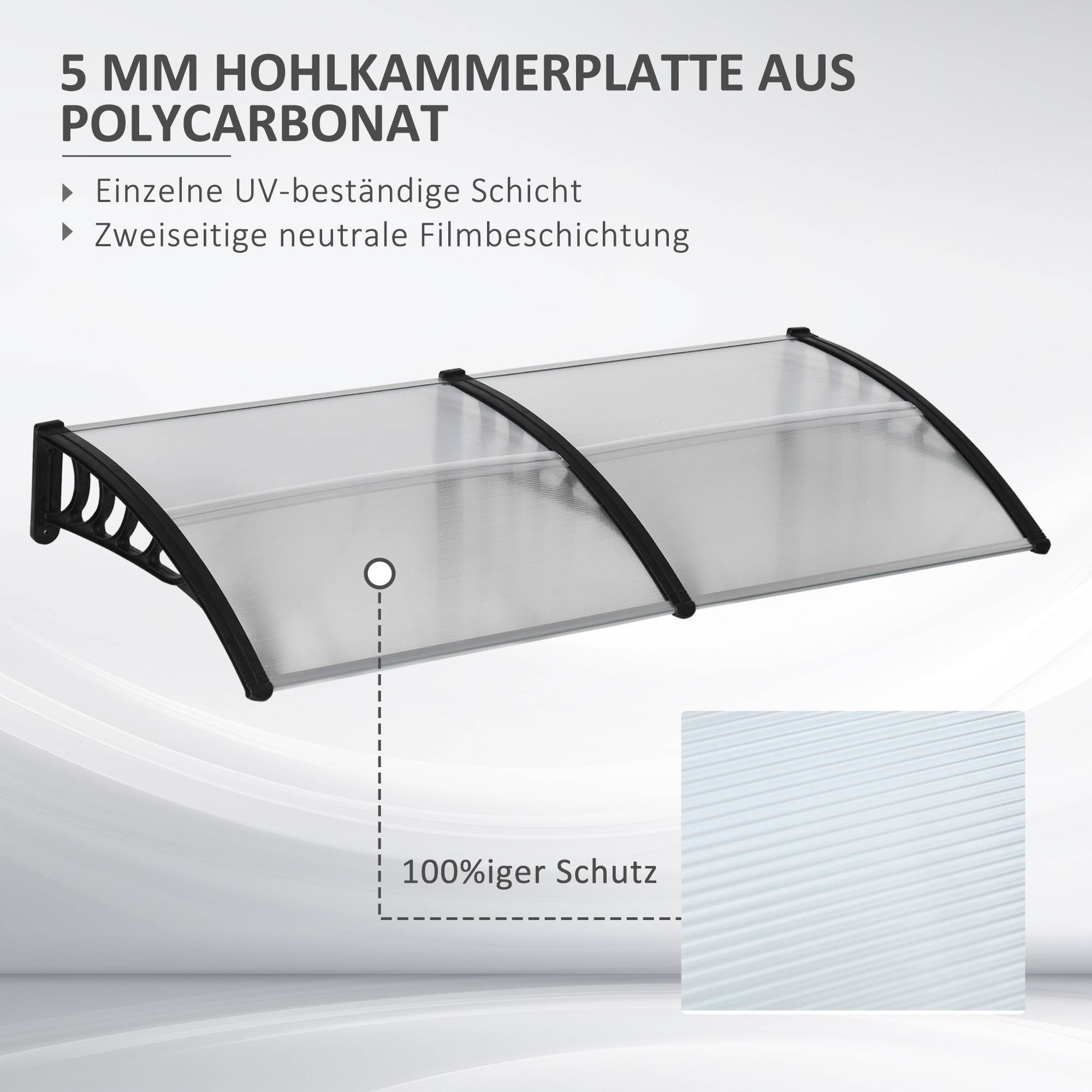 Auvent de porte, protection pluie, vent et grêle, polycarbonate, barres alu, 200 x 96 x 27 cm, noir - Image 6