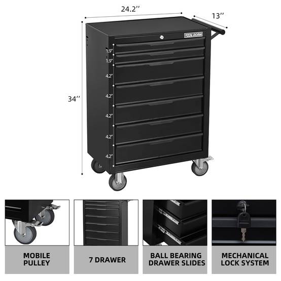 Servante d'Atelier Mobile 7 Tiroirs en Métal Noir, Roulante avec Verrouillage à Clé pour Garage – ComfortXL Outdoor Living - Image 3