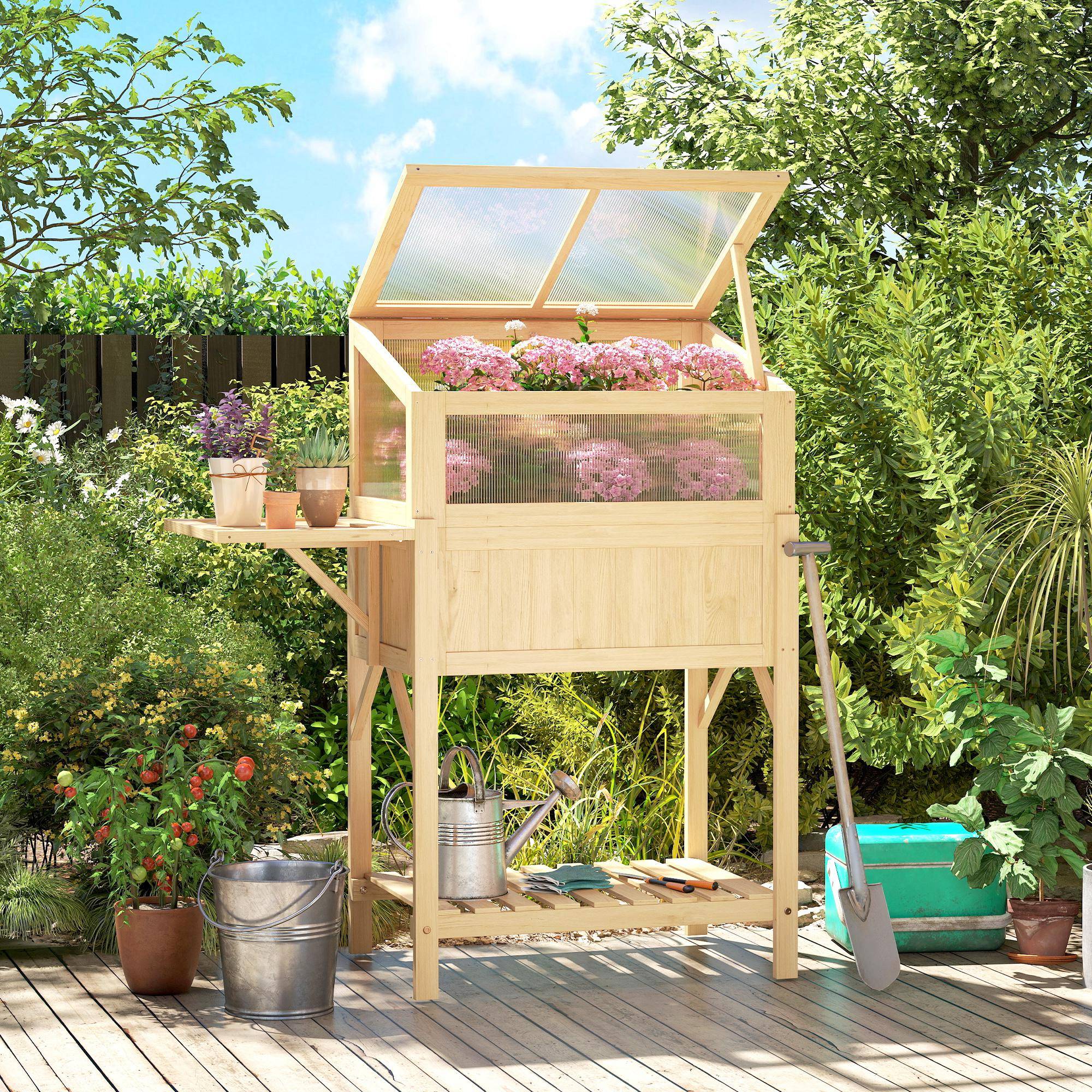 Carré potager sur pieds avec serre bois naturel 104 x 50 x 120 cm - PANGIVO - Image 3