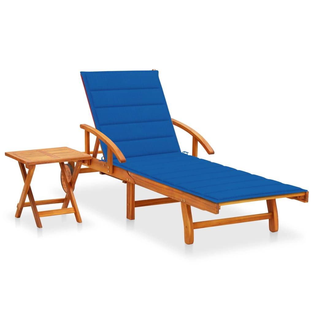 Chaise longue jardin bois acacia avec coussin et table 200 x 67 x 30/51/62/77/85 cm, Bleu - PANGIVO - Image 1