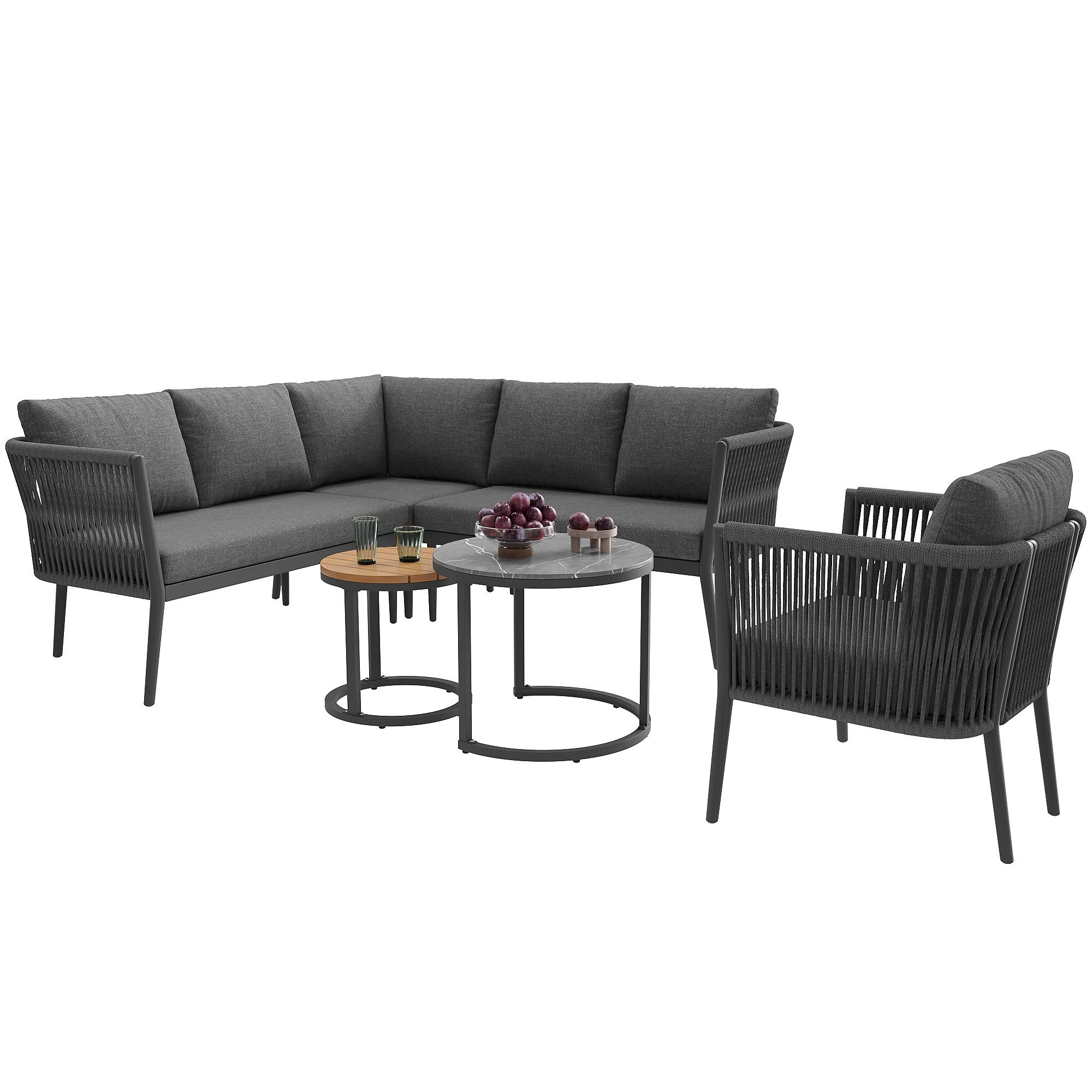 Salon de Jardin avec 2 Canapés 1 Fauteuil 1 Module d'angle et 2 Tables pour terrasse Olefin Gris - Image 1