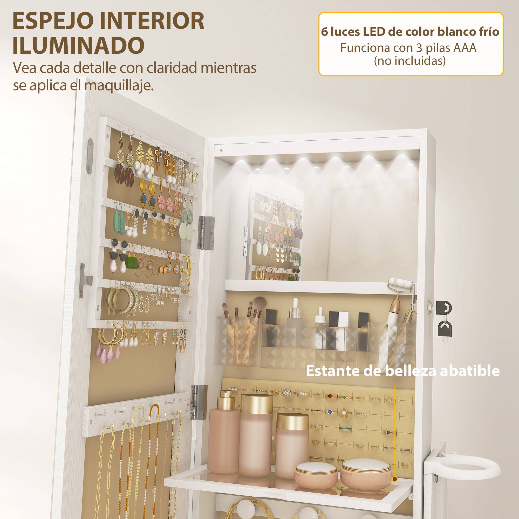 Sans Marque - Miroir à bijoux avec éclairage LED, armoire à bijoux avec miroir pivotant à 360°, tiroir, serrure, blanc - Image 7