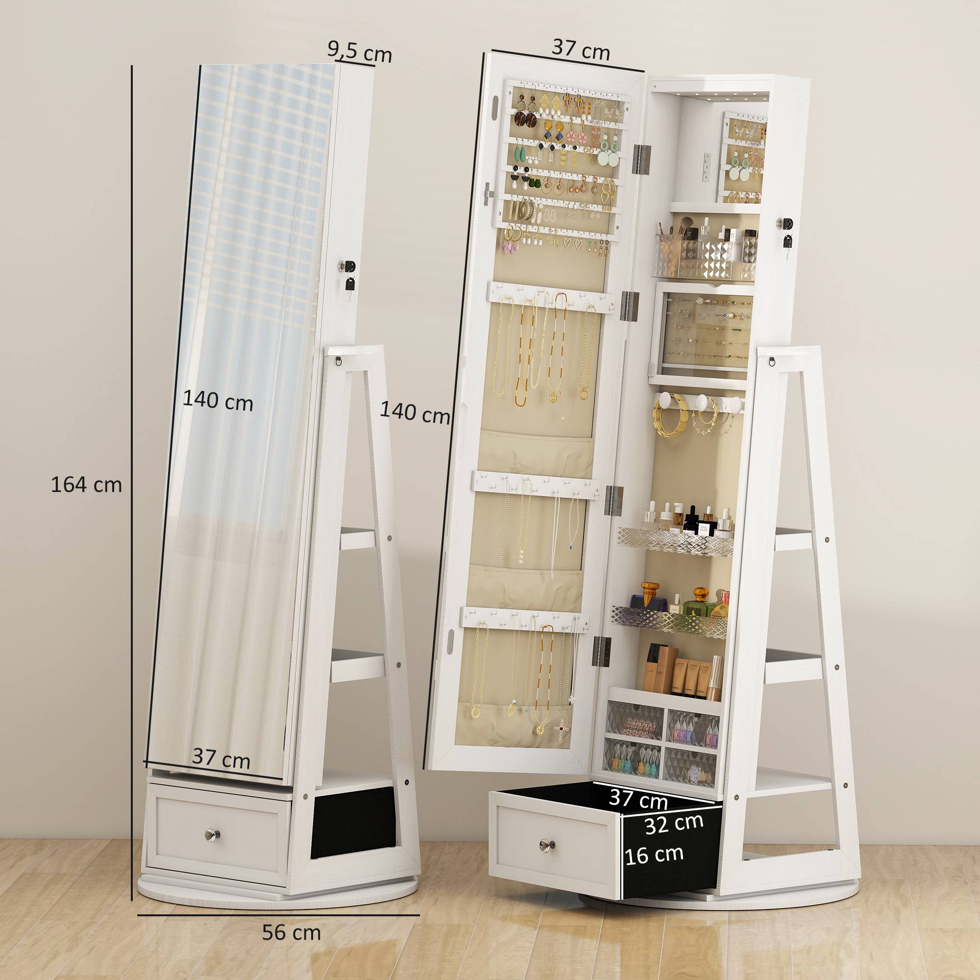 Sans Marque - Miroir à bijoux avec éclairage LED, armoire à bijoux avec miroir pivotant à 360°, tiroir, serrure, blanc - Image 5