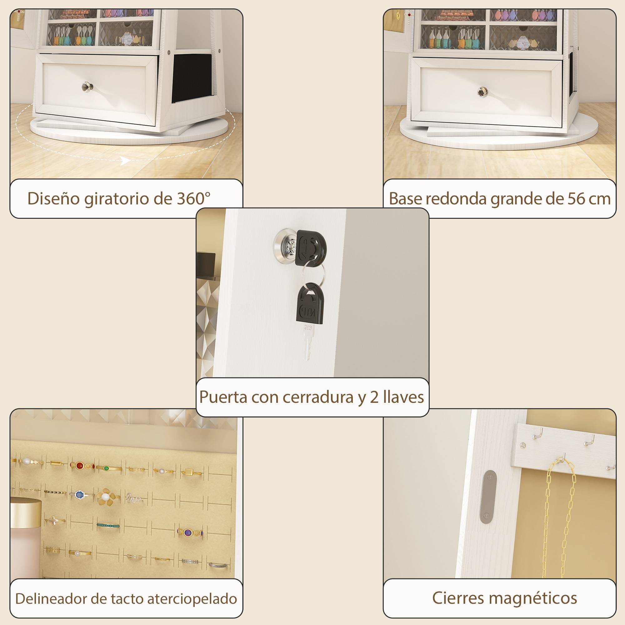 Sans Marque - Miroir à bijoux avec éclairage LED, armoire à bijoux avec miroir pivotant à 360°, tiroir, serrure, blanc - Image 10