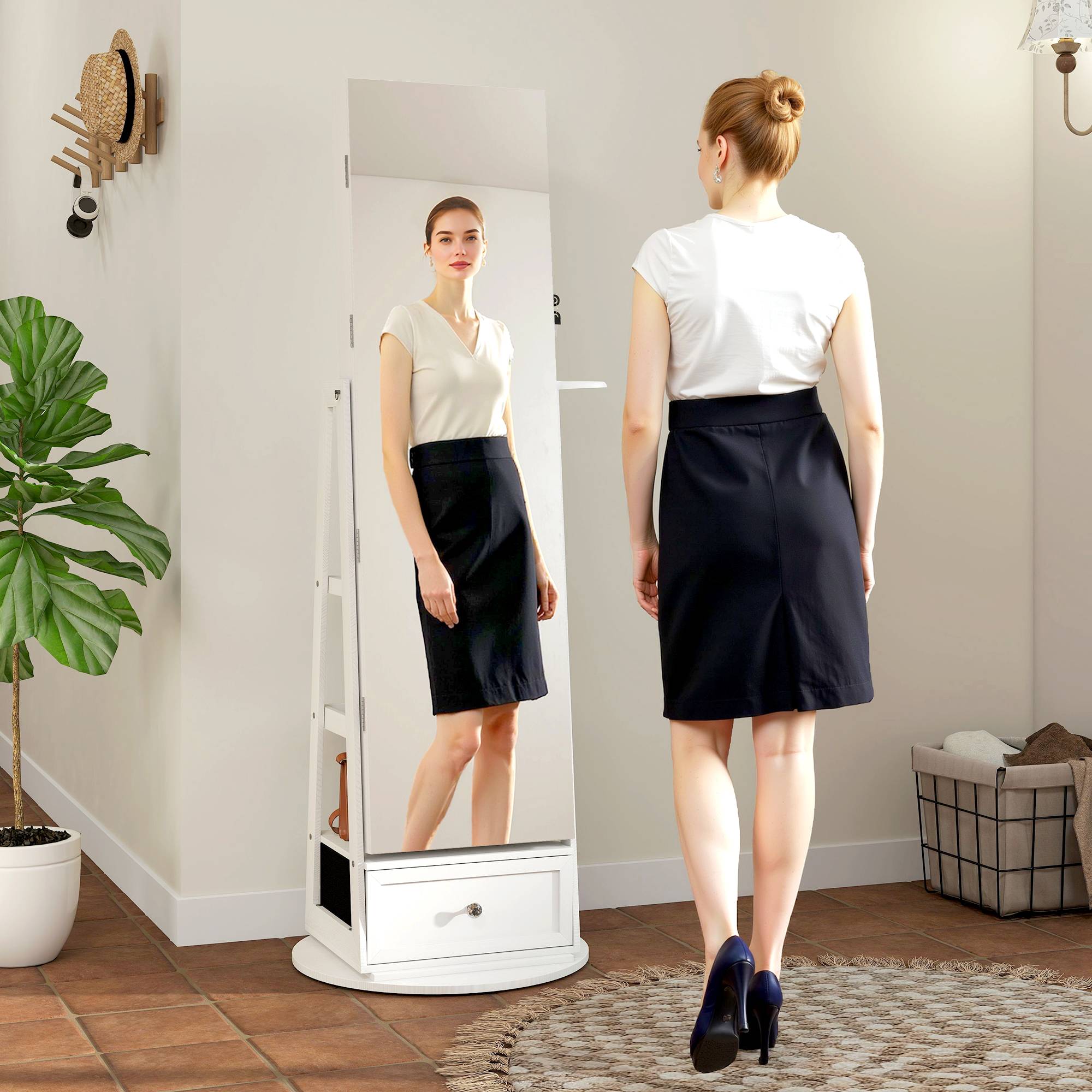 Sans Marque - Miroir à bijoux avec éclairage LED, armoire à bijoux avec miroir pivotant à 360°, tiroir, serrure, blanc - Image 4