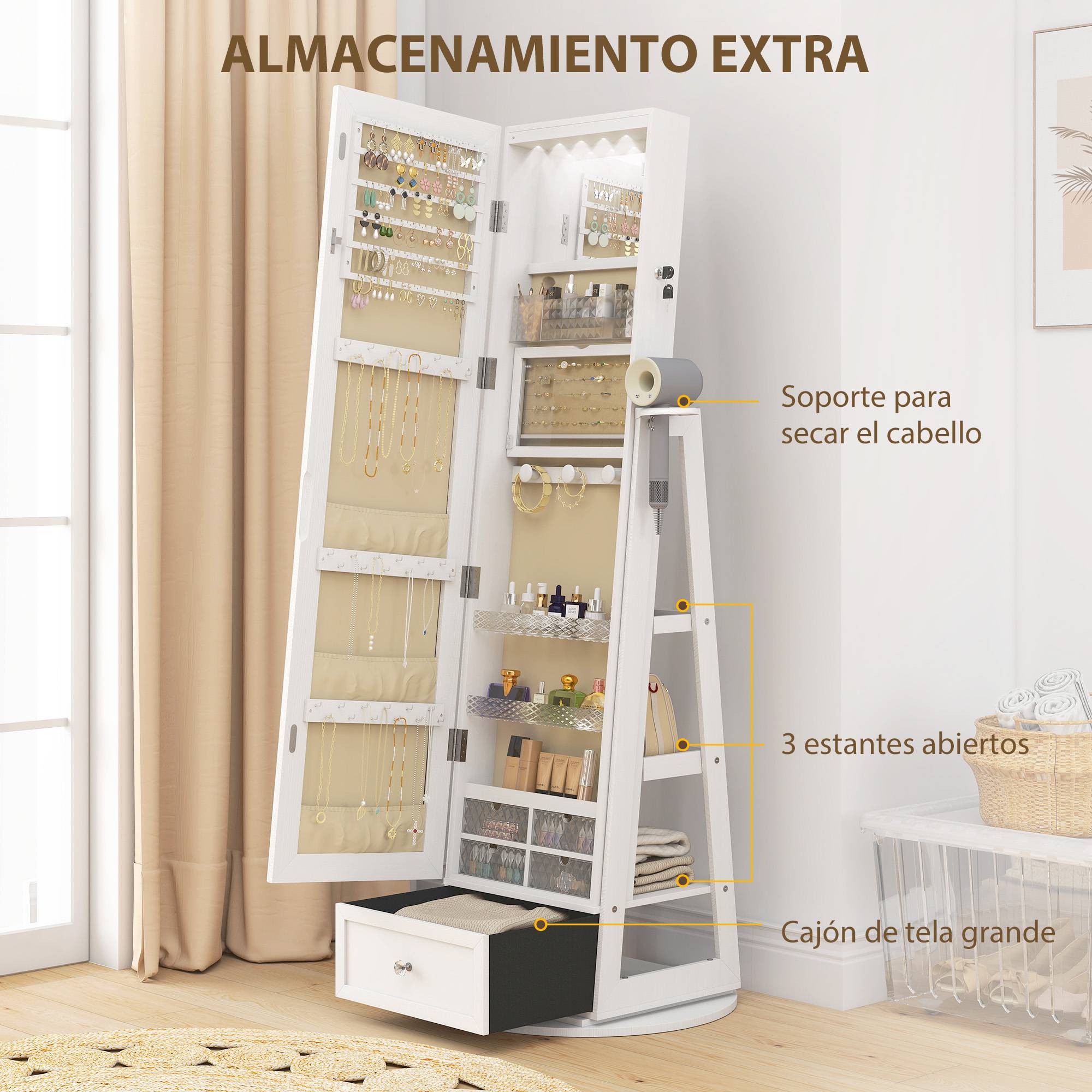 Sans Marque - Miroir à bijoux avec éclairage LED, armoire à bijoux avec miroir pivotant à 360°, tiroir, serrure, blanc - Image 9