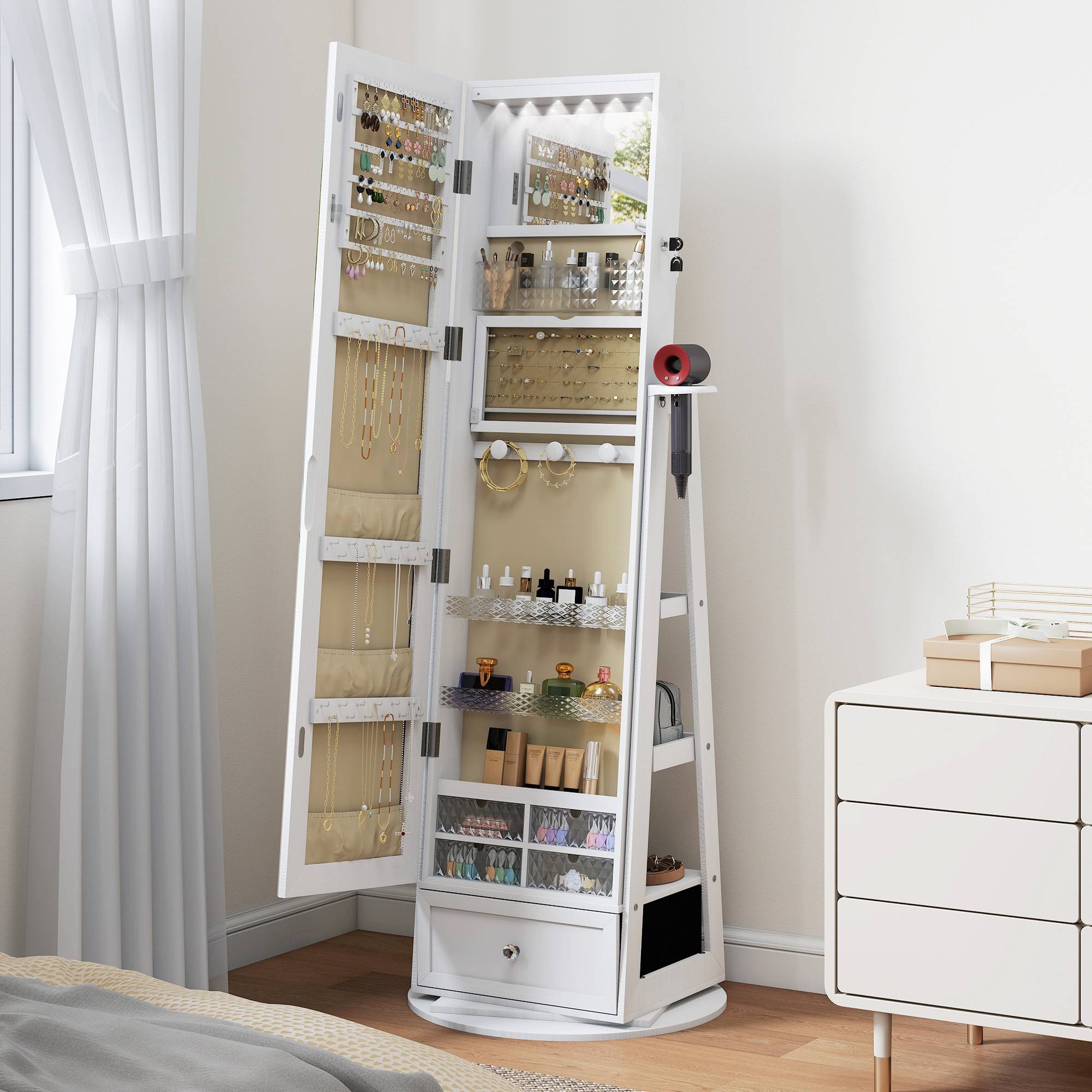 Sans Marque - Miroir à bijoux avec éclairage LED, armoire à bijoux avec miroir pivotant à 360°, tiroir, serrure, blanc - Image 3
