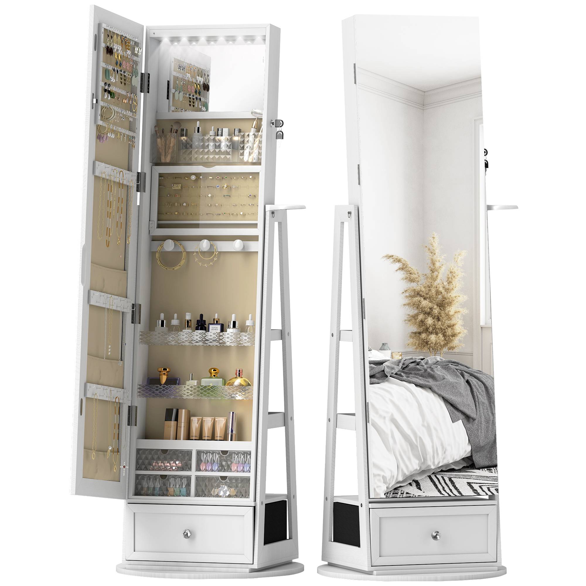 Sans Marque - Miroir à bijoux avec éclairage LED, armoire à bijoux avec miroir pivotant à 360°, tiroir, serrure, blanc - Image 2