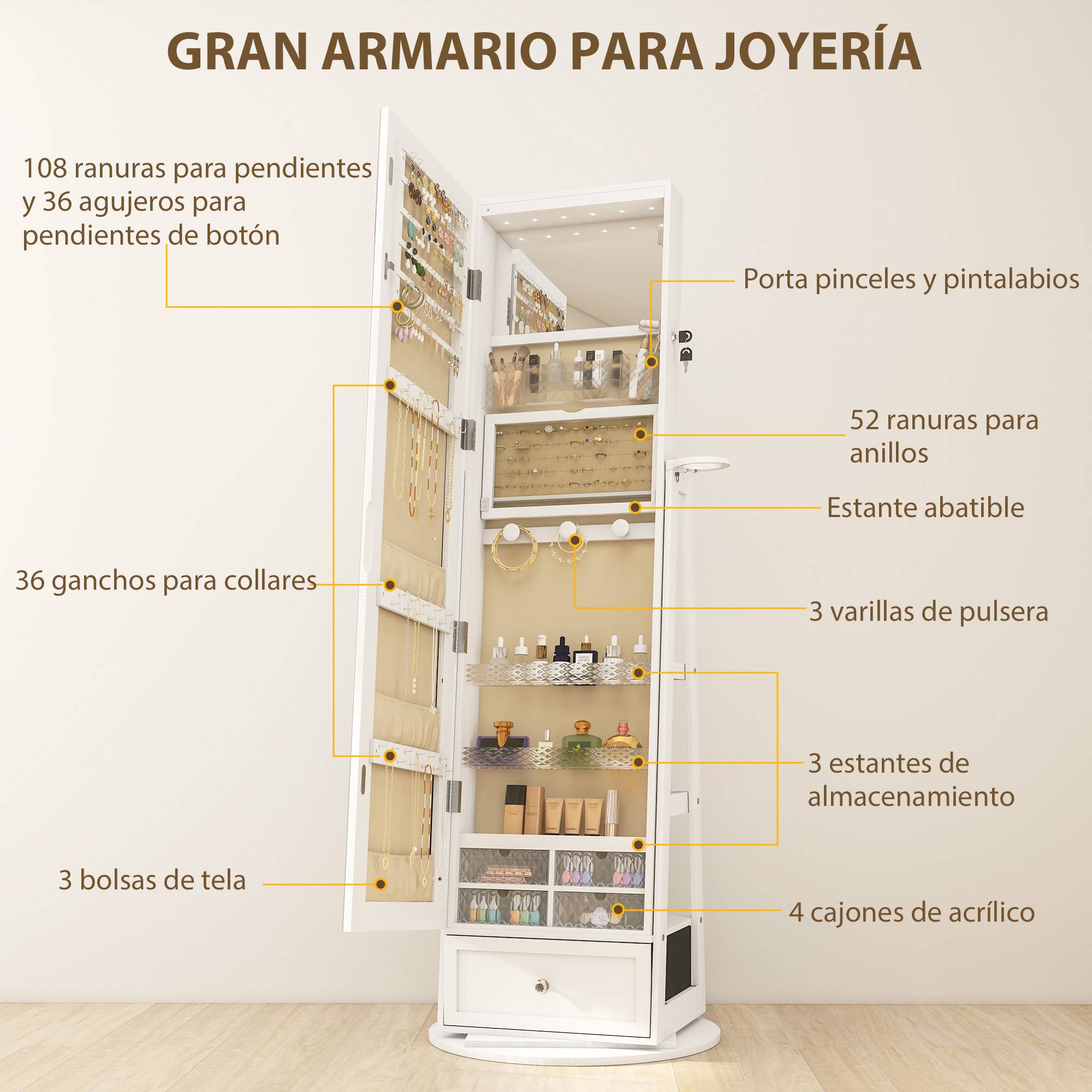 Sans Marque - Miroir à bijoux avec éclairage LED, armoire à bijoux avec miroir pivotant à 360°, tiroir, serrure, blanc - Image 8