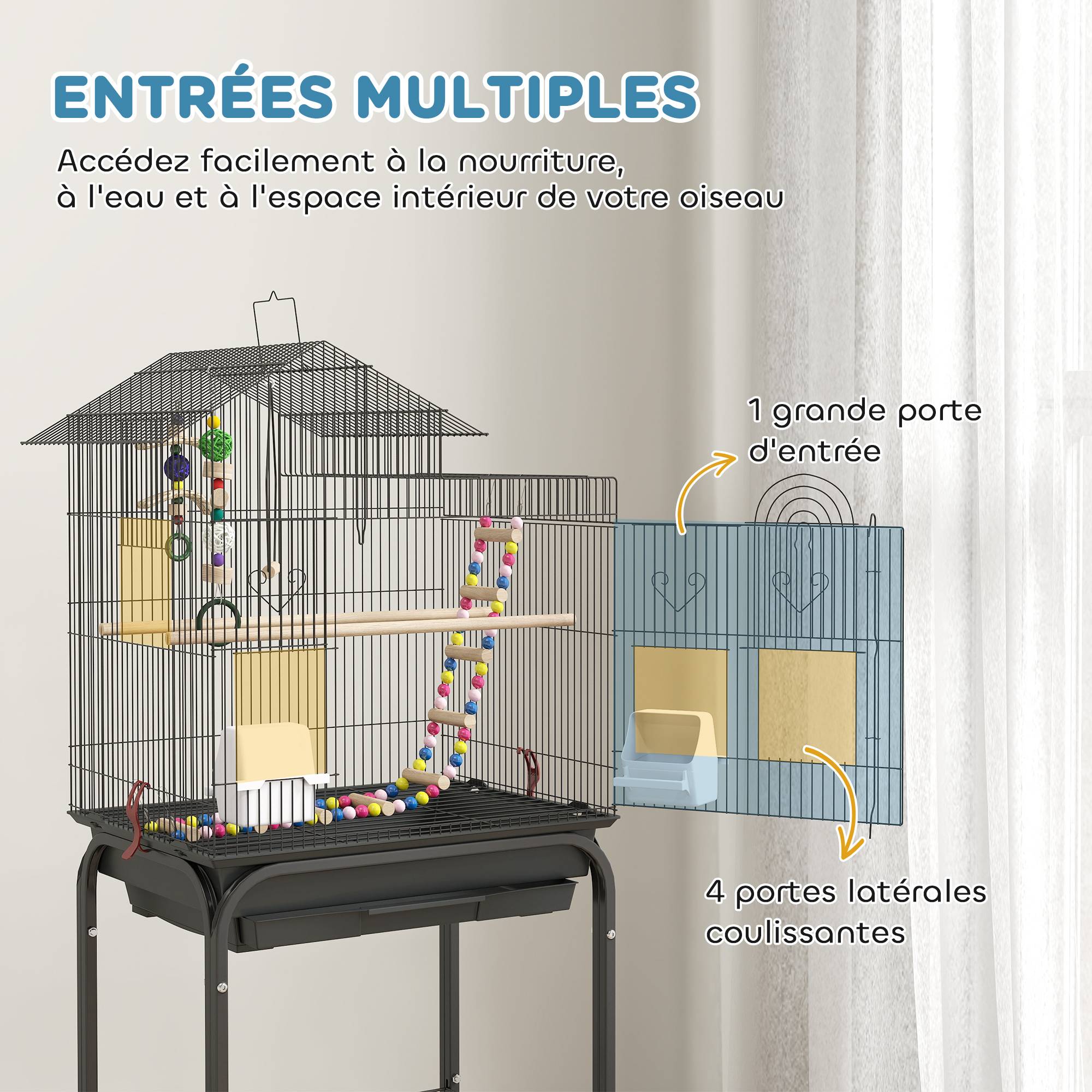 Cage à oiseaux sur roues 46 x 36 x 120 cm 2 mangeoires 2 perchoirs étagère cage pour perruche calopsitte conure pinson canaris - Image 9