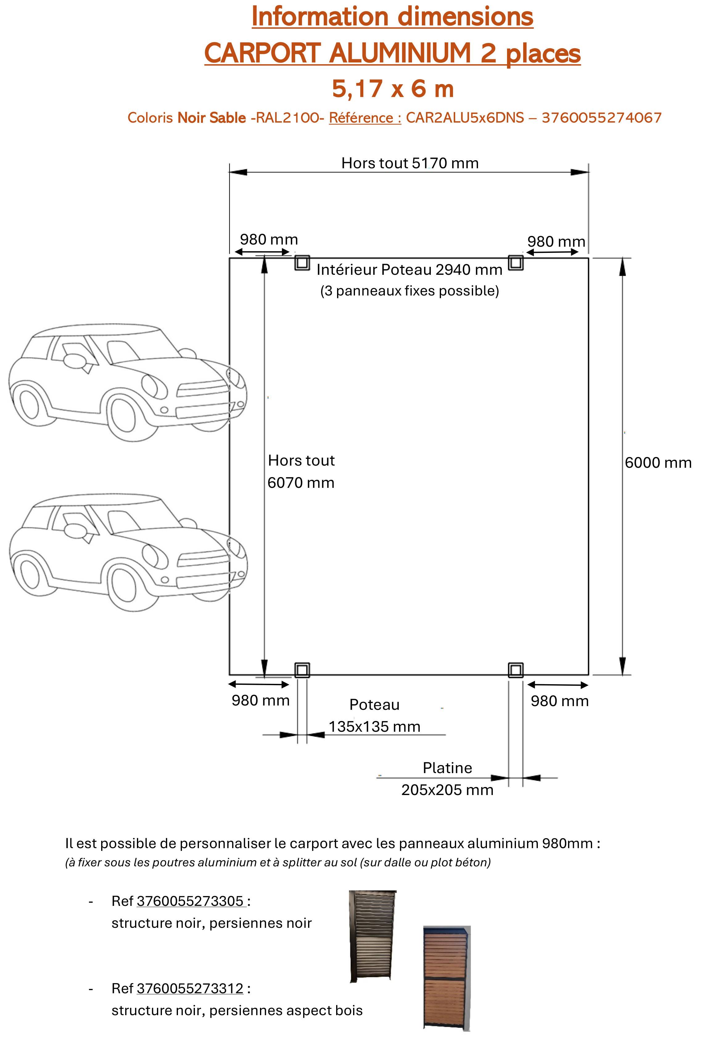 Carport aluminium 5,15mx 6m GREEN OUTSIDE coloris noir 2 places avec eclairage LED - Image 3