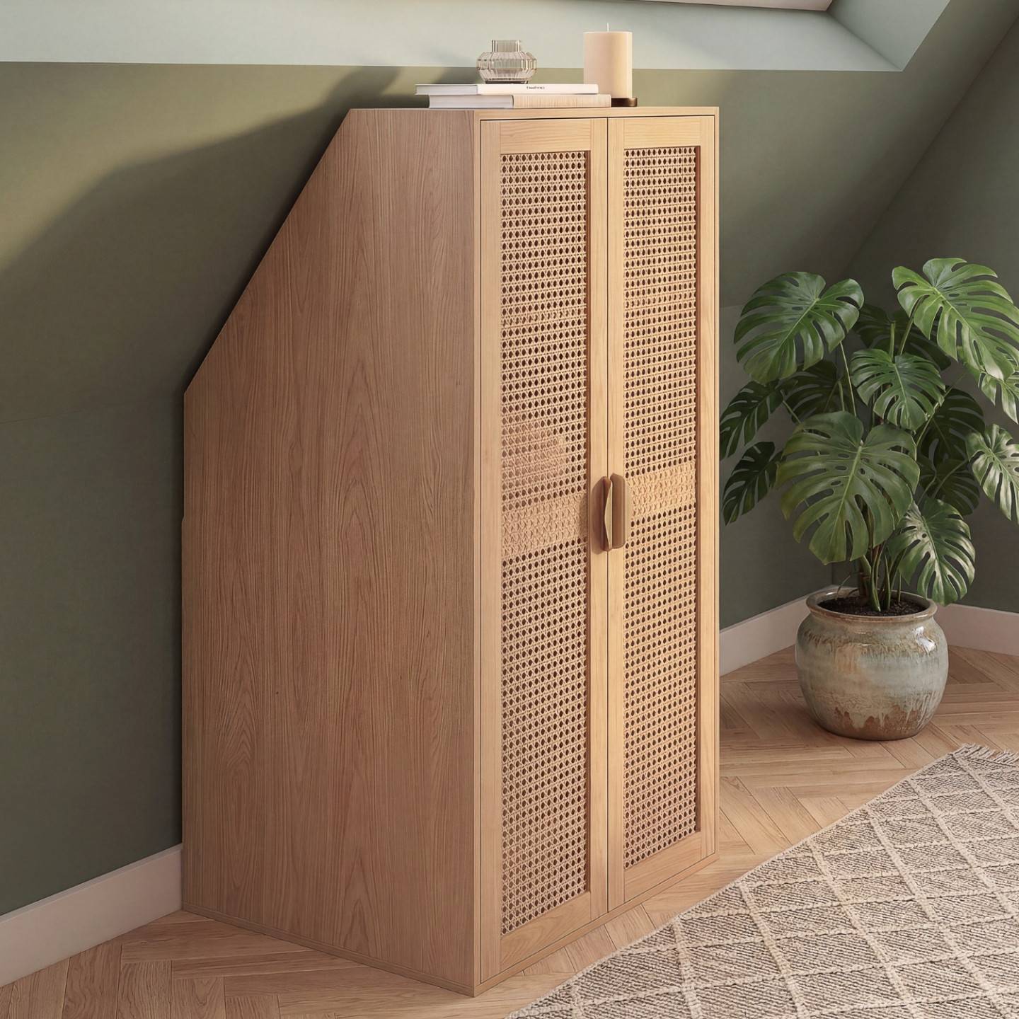 IDMARKET - Armoire sous pente 2 portes EDHEN 60 x 50 x 70/110 cm bois et cannage