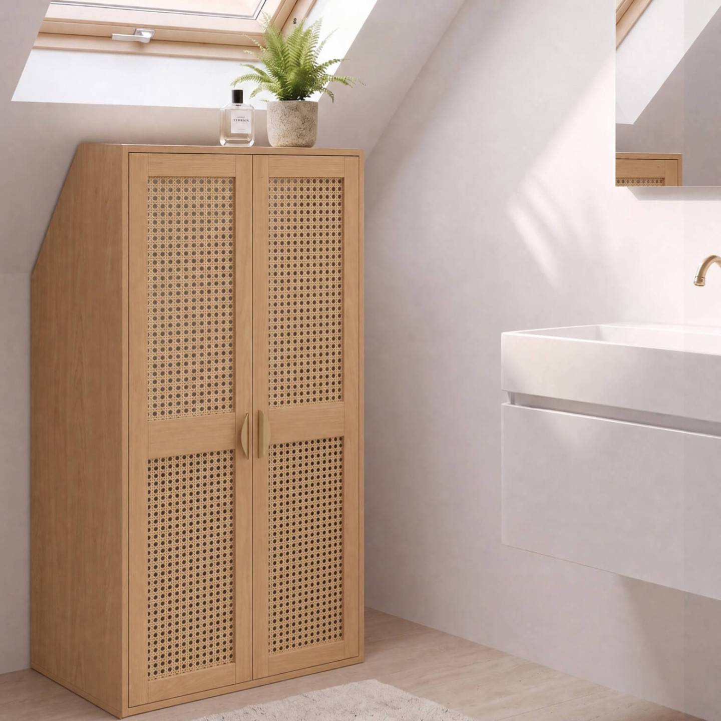 IDMARKET - Armoire sous pente 2 portes EDHEN 60 x 50 x 70/110 cm bois et cannage - Image 8