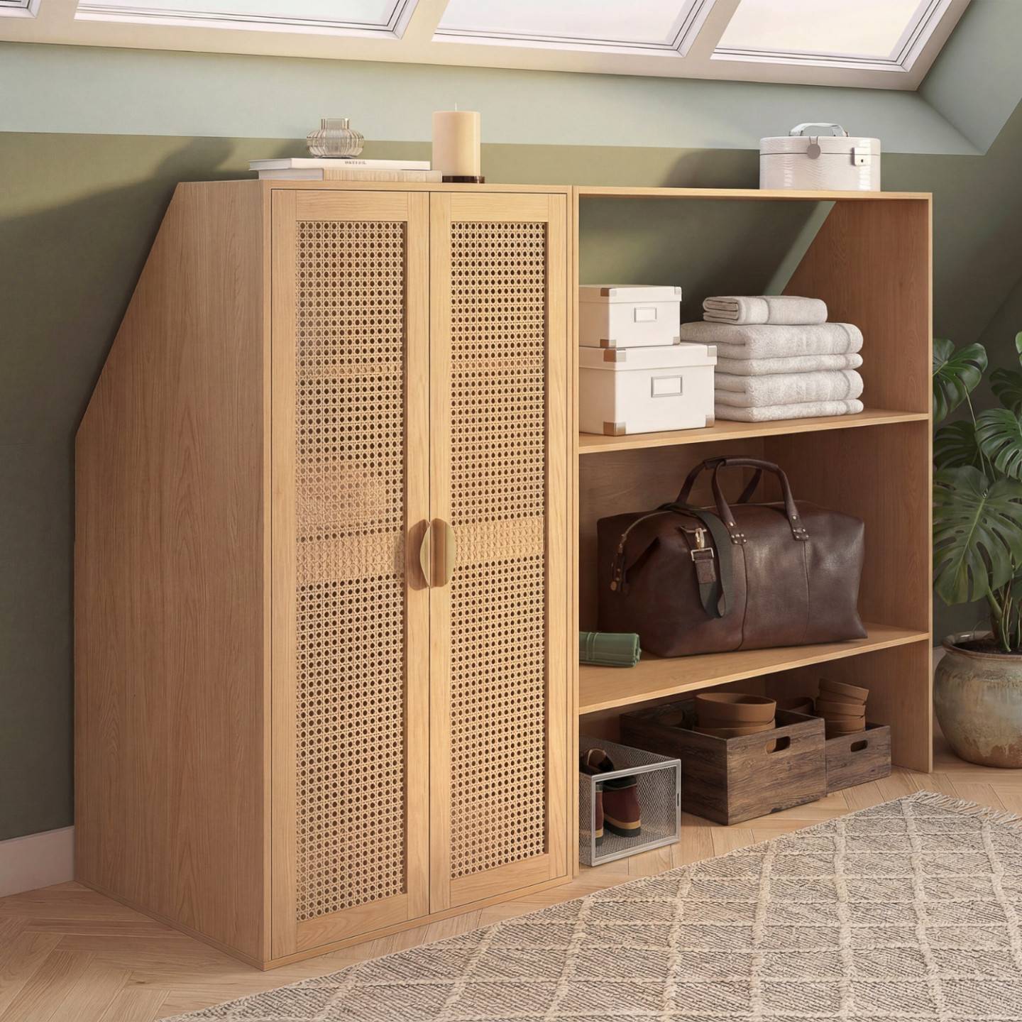 IDMARKET - Armoire sous pente 2 portes EDHEN 60 x 50 x 70/110 cm bois et cannage - Image 3