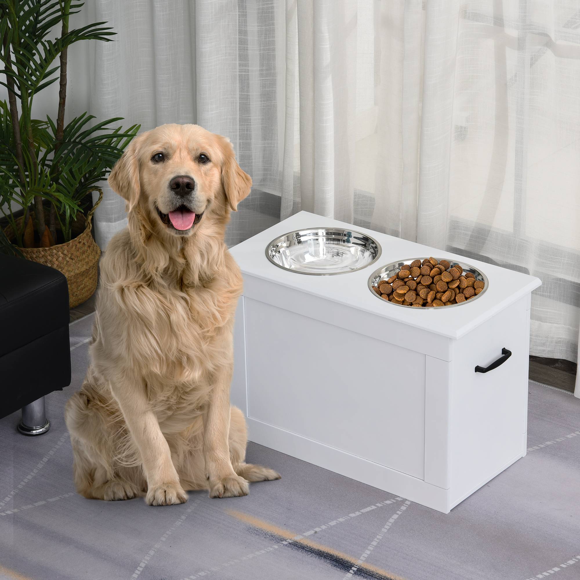 Nourrisseur pour chien surélevé avec rangement, 2 bols en inox 2000ml, MDF, blanc 60 x 30 x 41 cm - PANGIVO - Image 2